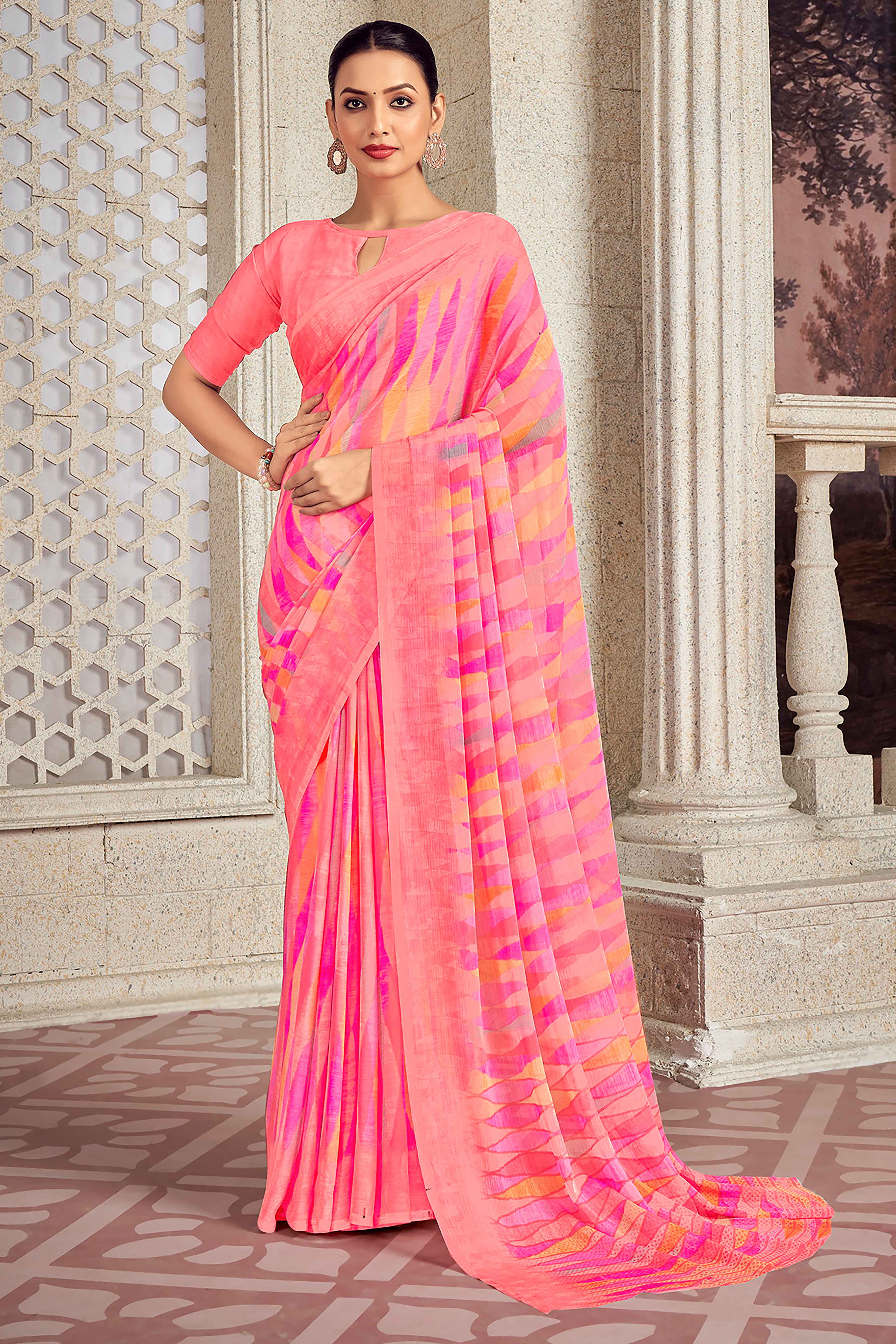 Elegant Salmon Pink Chiffon Saree With Contemporary Geometric Print