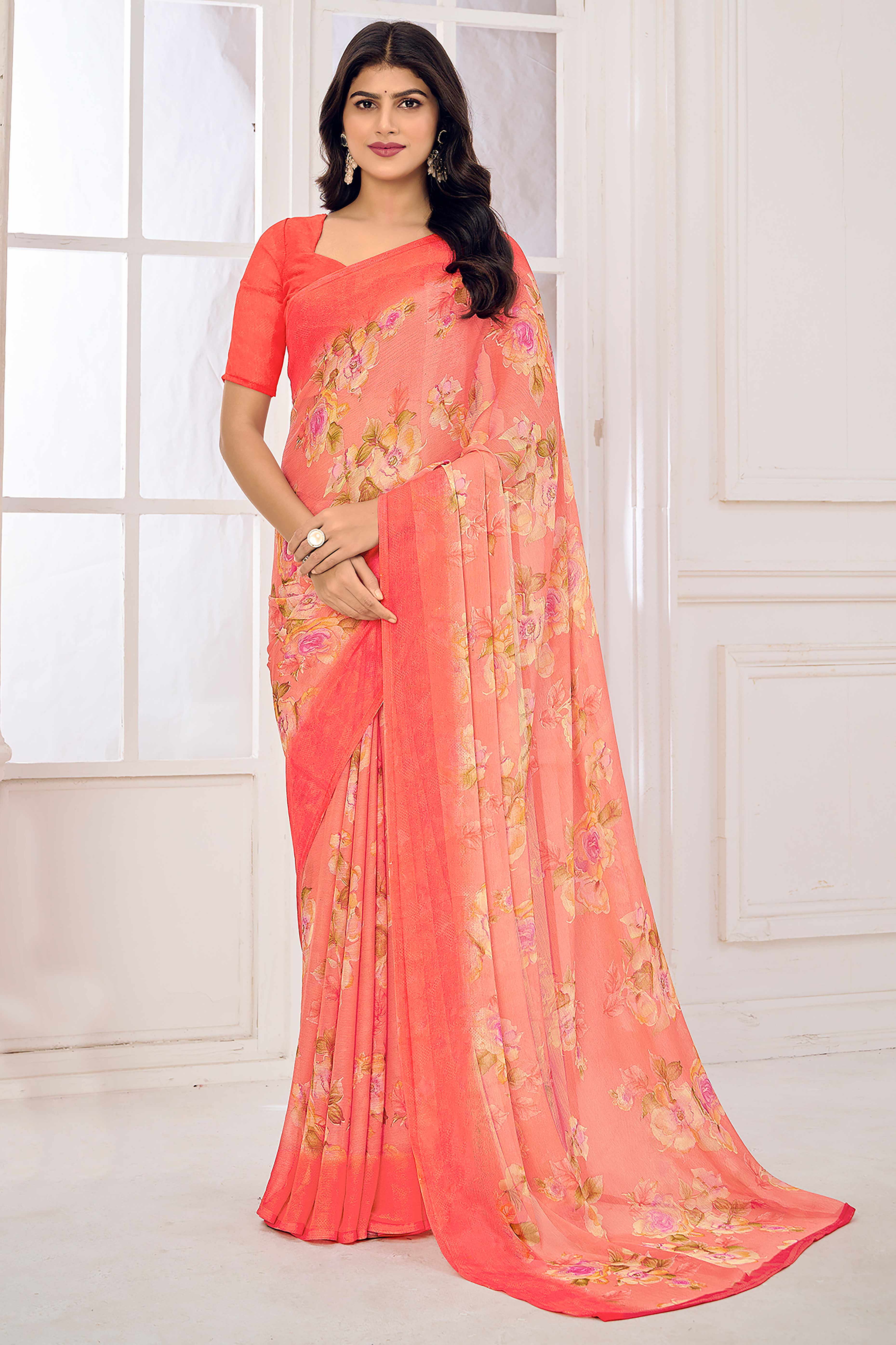 Salmon Pink Chiffon Saree Embellished With Dreamy Floral Print