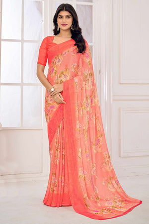 Salmon Pink Chiffon Saree Embellished With Dreamy Floral Print