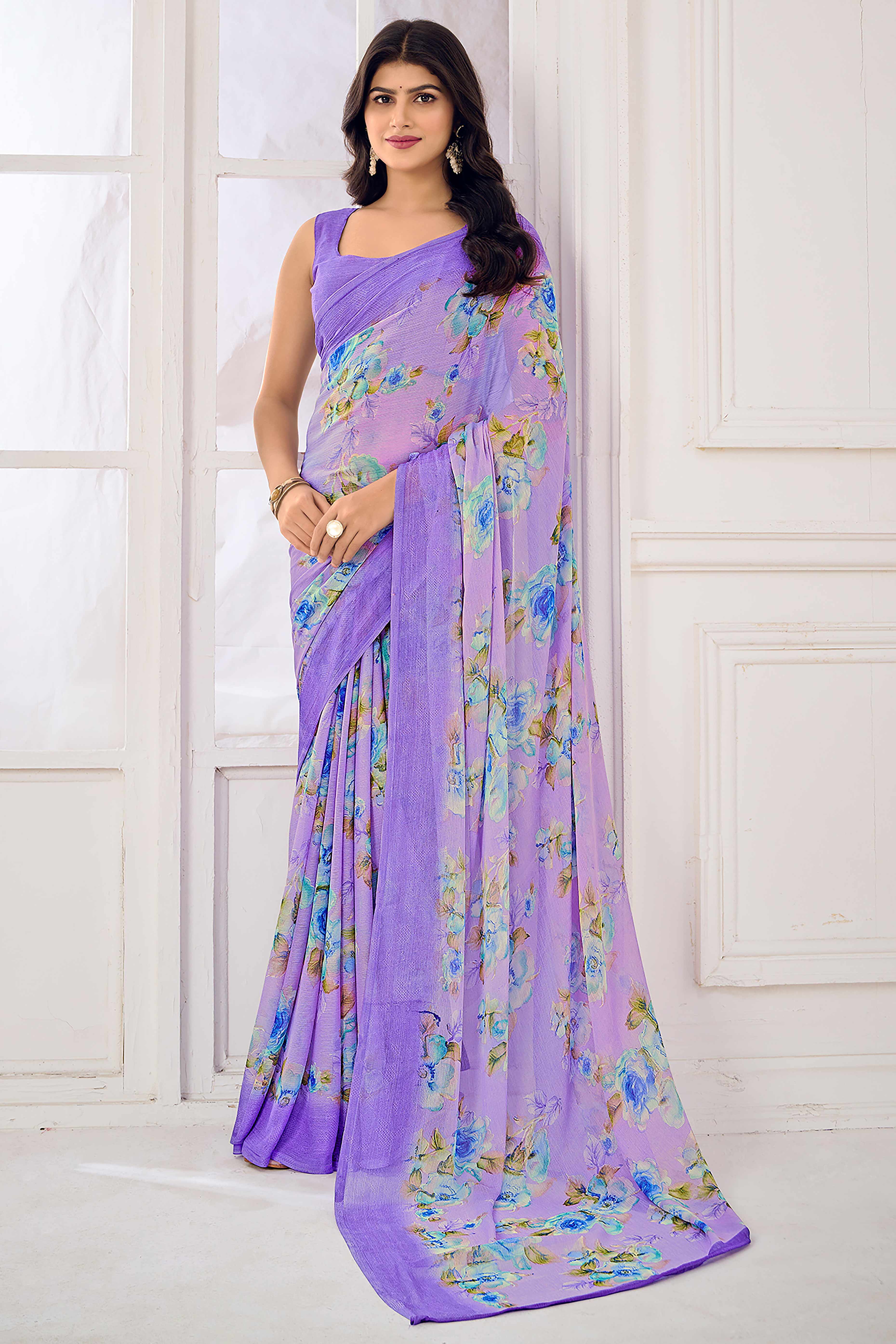 Lavender Chiffon Saree Embellished With Dreamy Floral Print