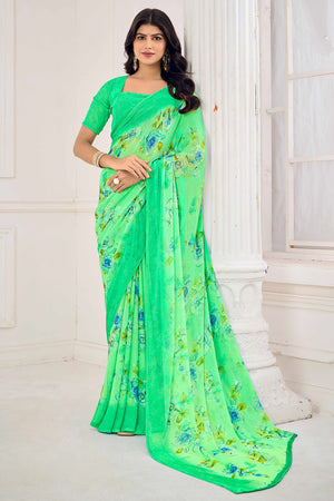 Mint Blue Chiffon Saree Embellished With Dreamy Floral Print