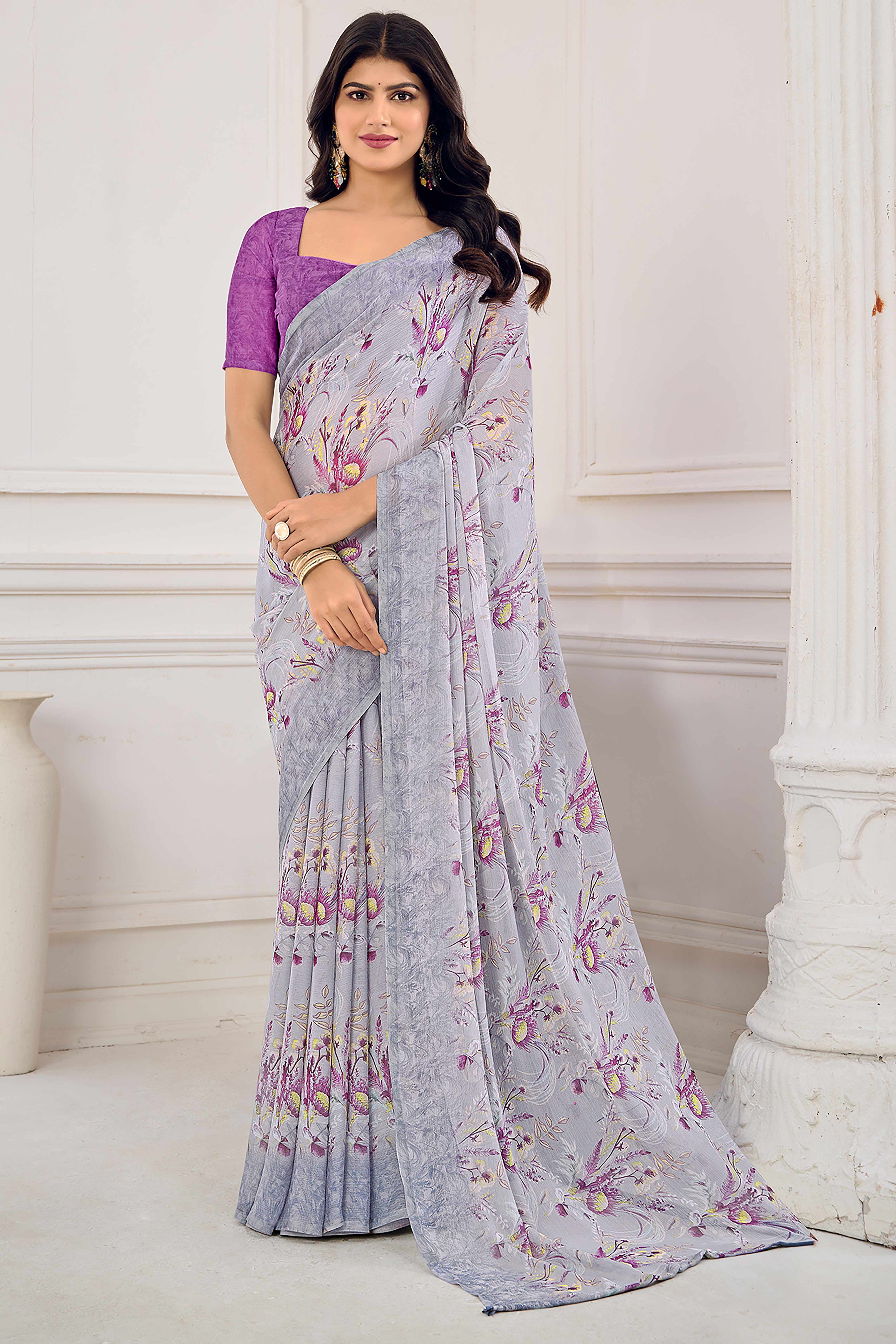 Grey Chiffon Saree Embellished With Dreamy Floral Print
