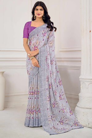 Grey Chiffon Saree Embellished With Dreamy Floral Print