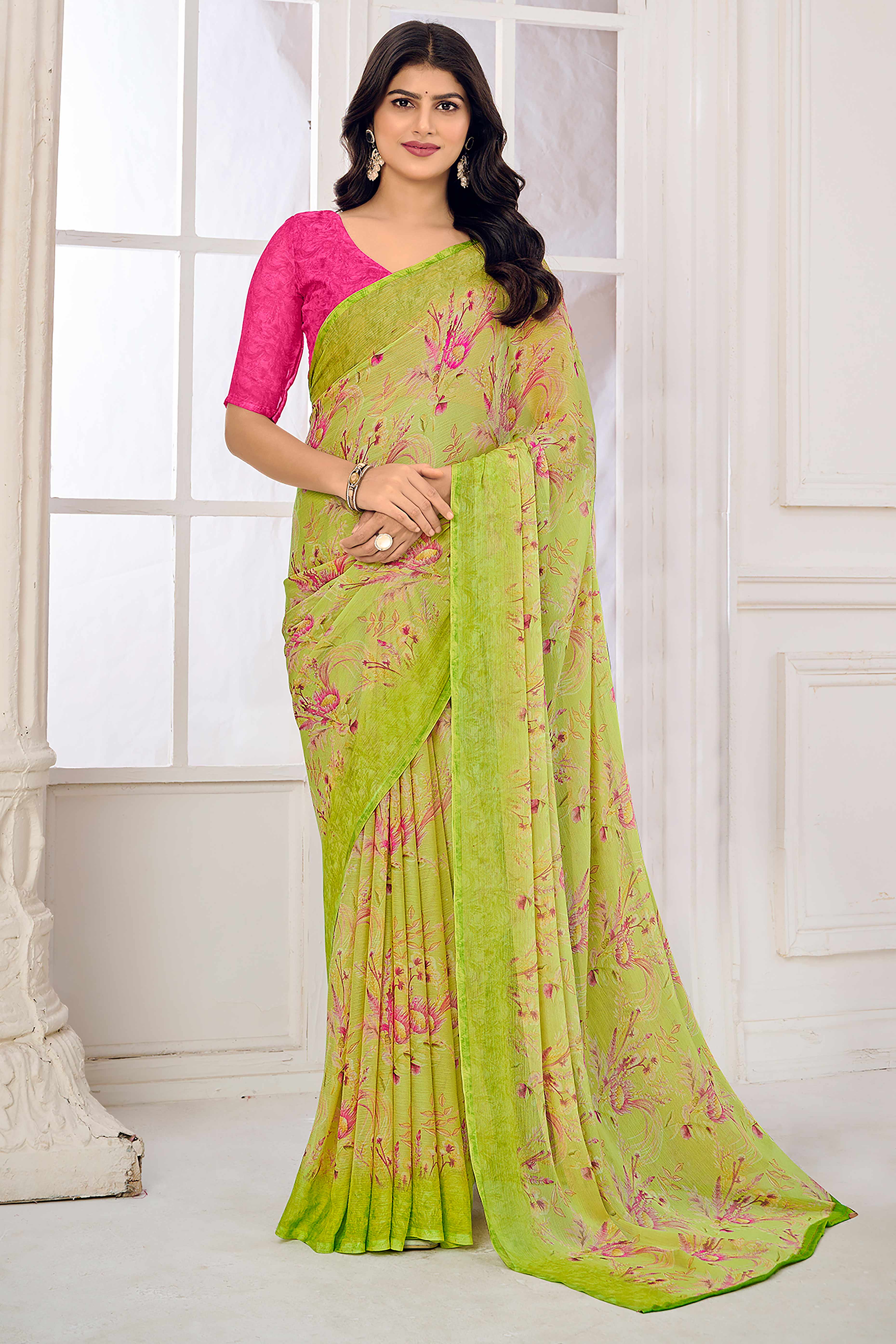 Green Chiffon Saree Embellished With Dreamy Floral Print