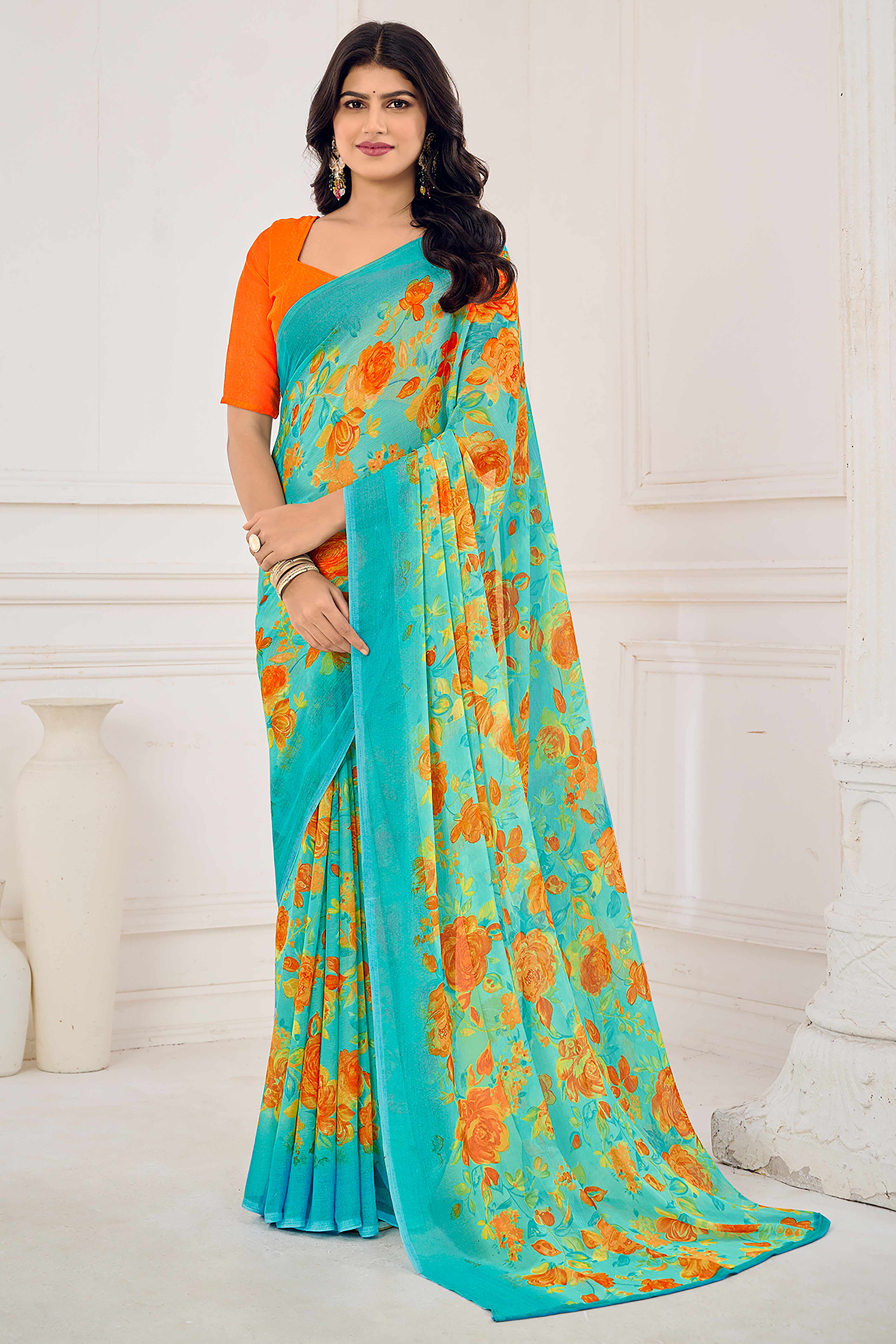 Turquoise Chiffon Saree Embellished With Dreamy Floral Print