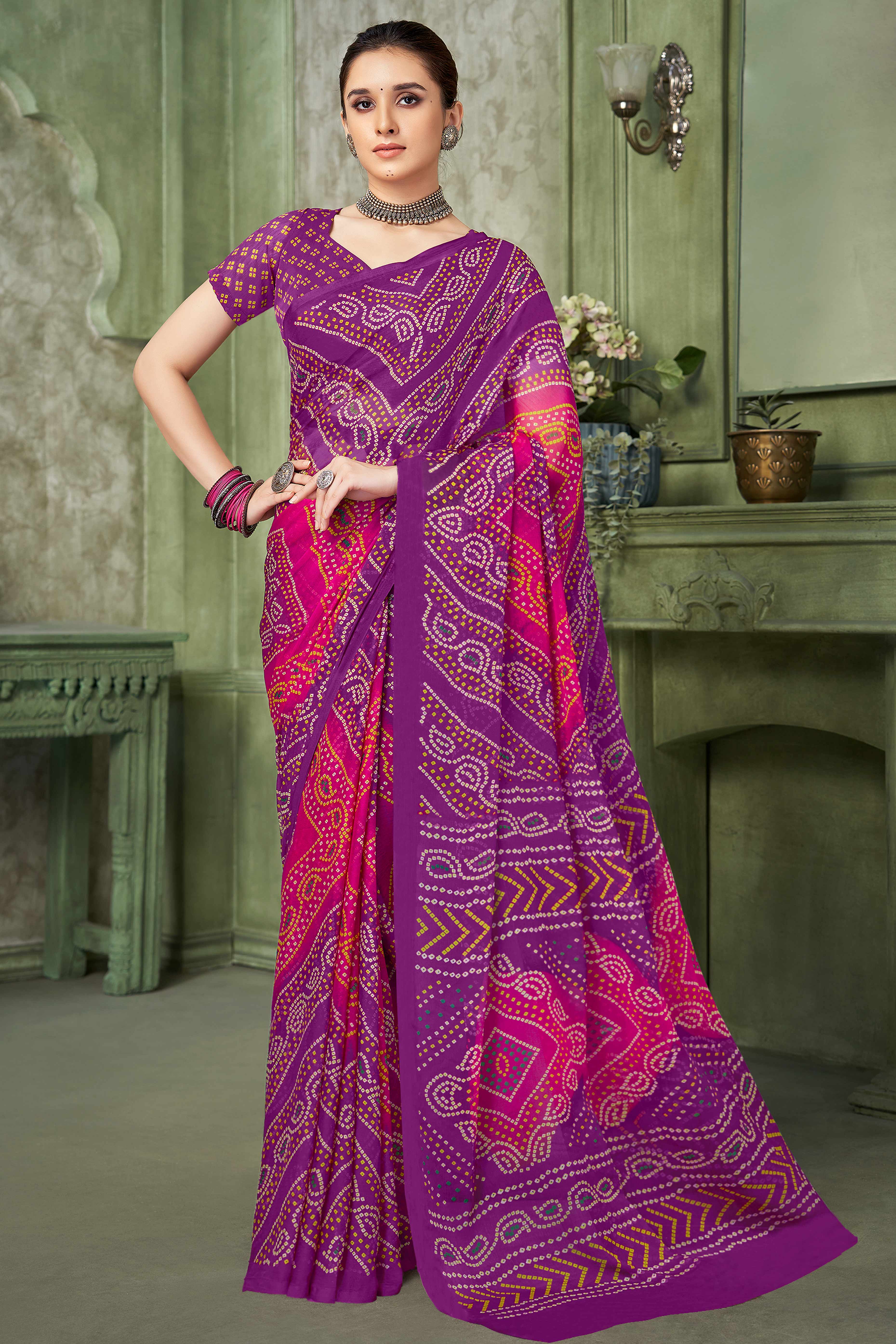 Purple Chiffon Saree Adorned With Traditional Bandhani Print