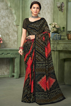 Black Chiffon Saree Adorned With Traditional Bandhani Print