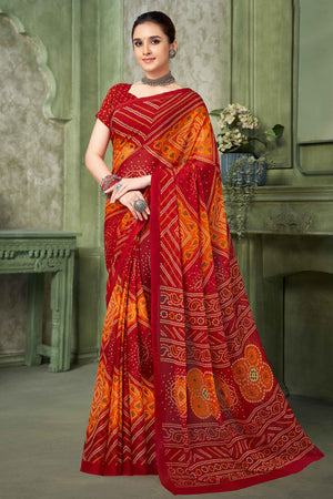 Red Chiffon Saree Adorned With Traditional Bandhani Print