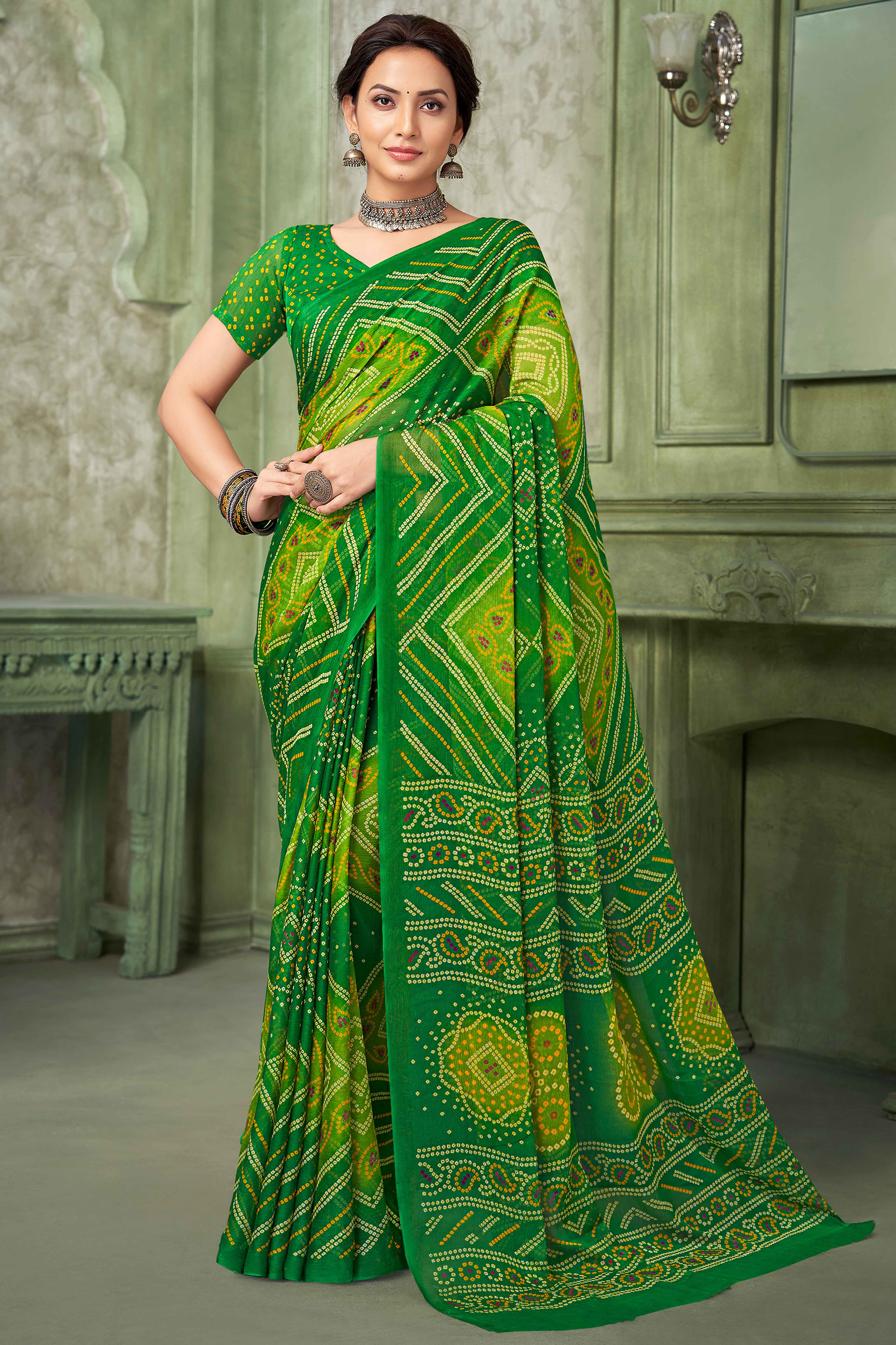 Green Chiffon Saree Adorned With Traditional Bandhani Print