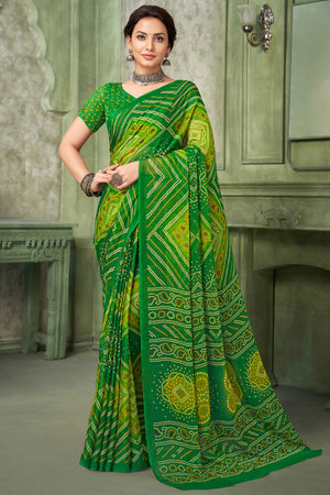 Green Chiffon Saree Adorned With Traditional Bandhani Print