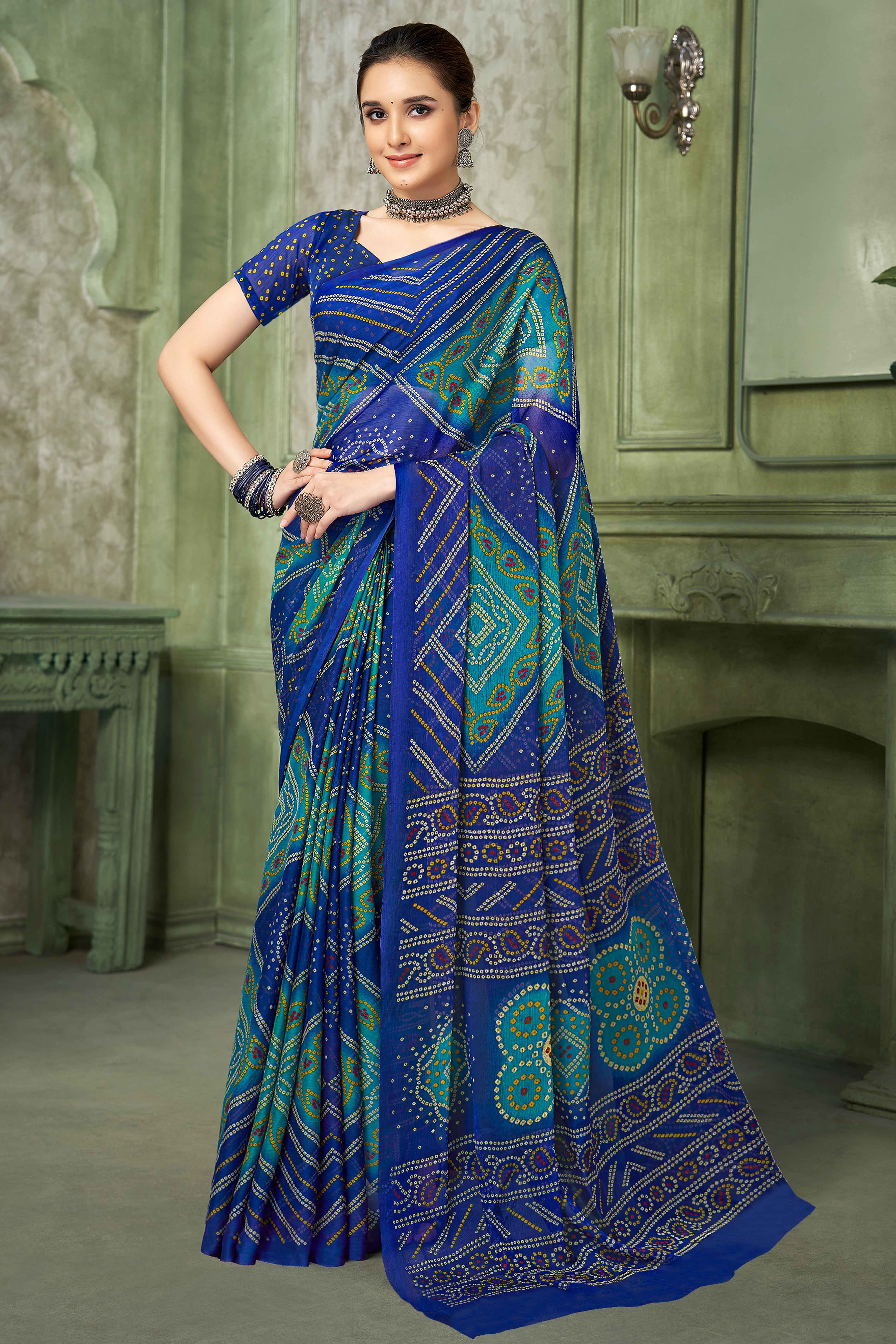 Blue Chiffon Saree Adorned With Traditional Bandhani Print