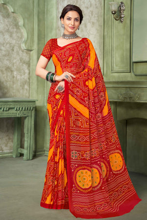Red Chiffon Saree Adorned With Traditional Bandhani Print