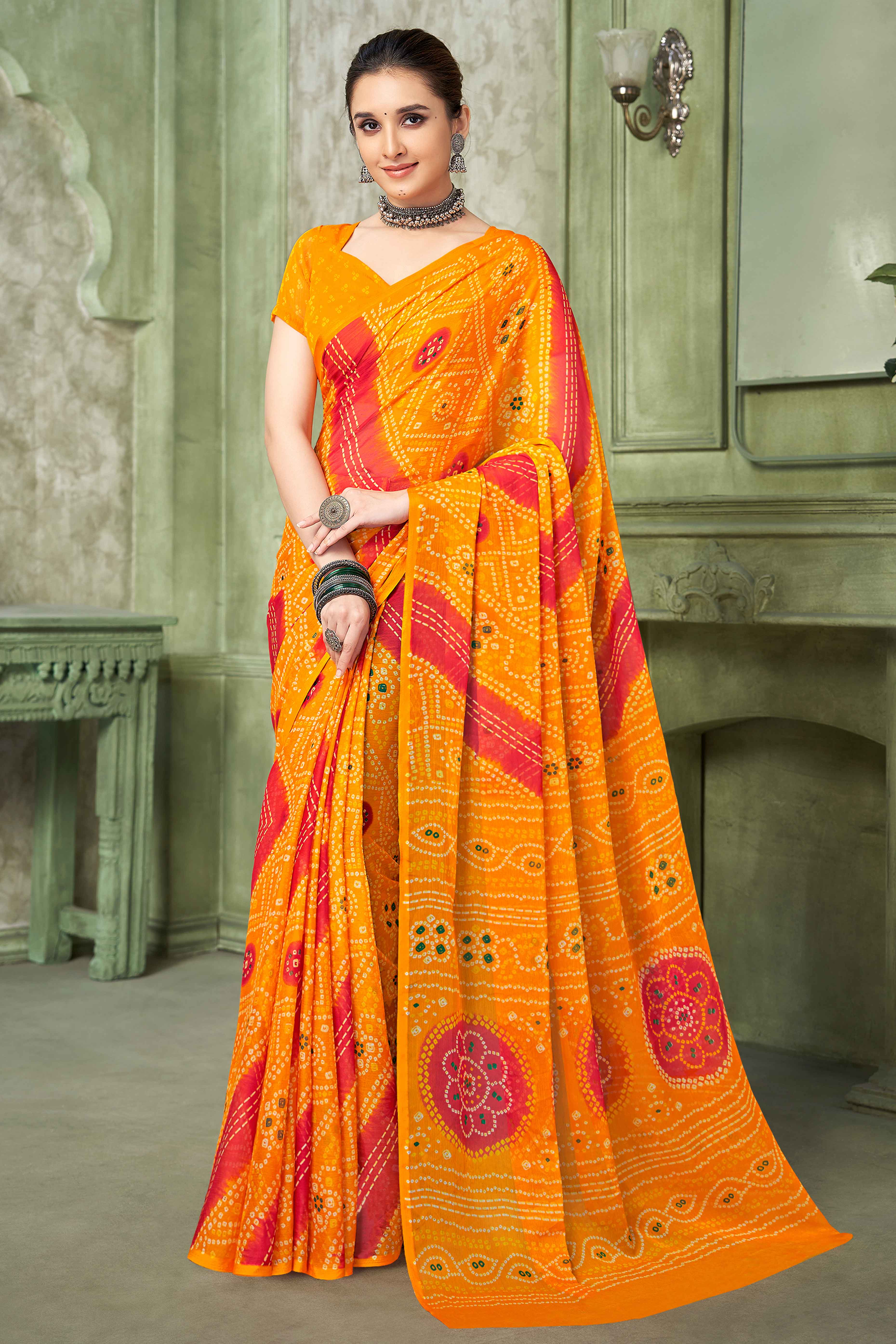 Mustard Chiffon Saree Adorned With Traditional Bandhani Print