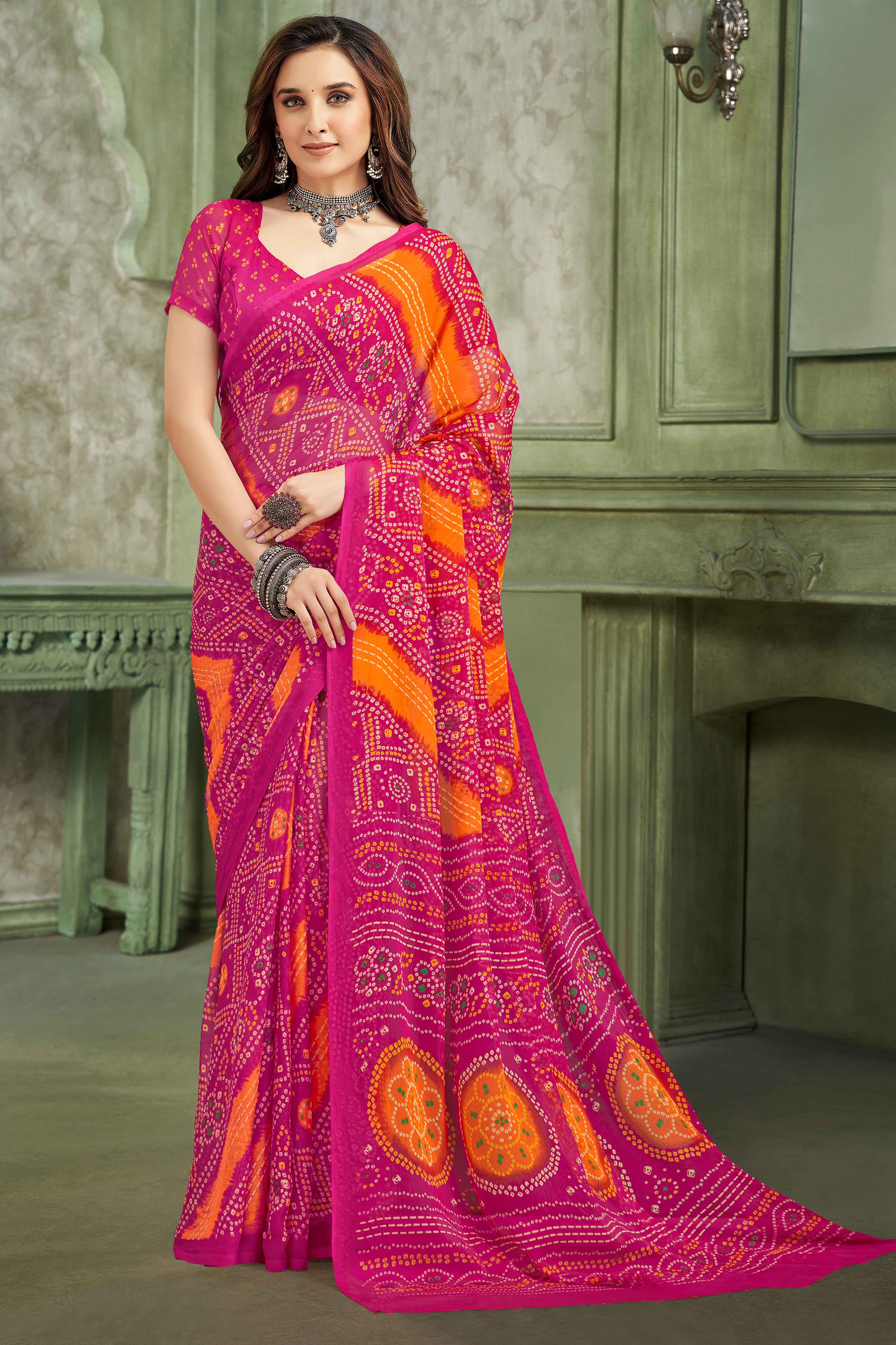 Magenta Chiffon Saree Adorned With Traditional Bandhani Print
