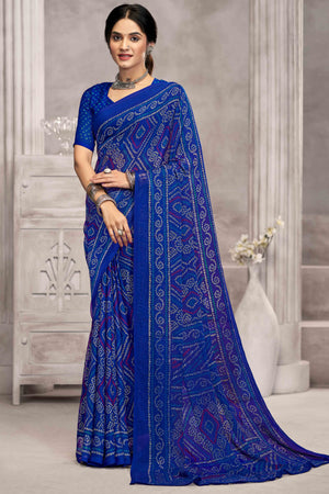 Blue Chiffon Saree Features Bandhani Print for Casual Occasion