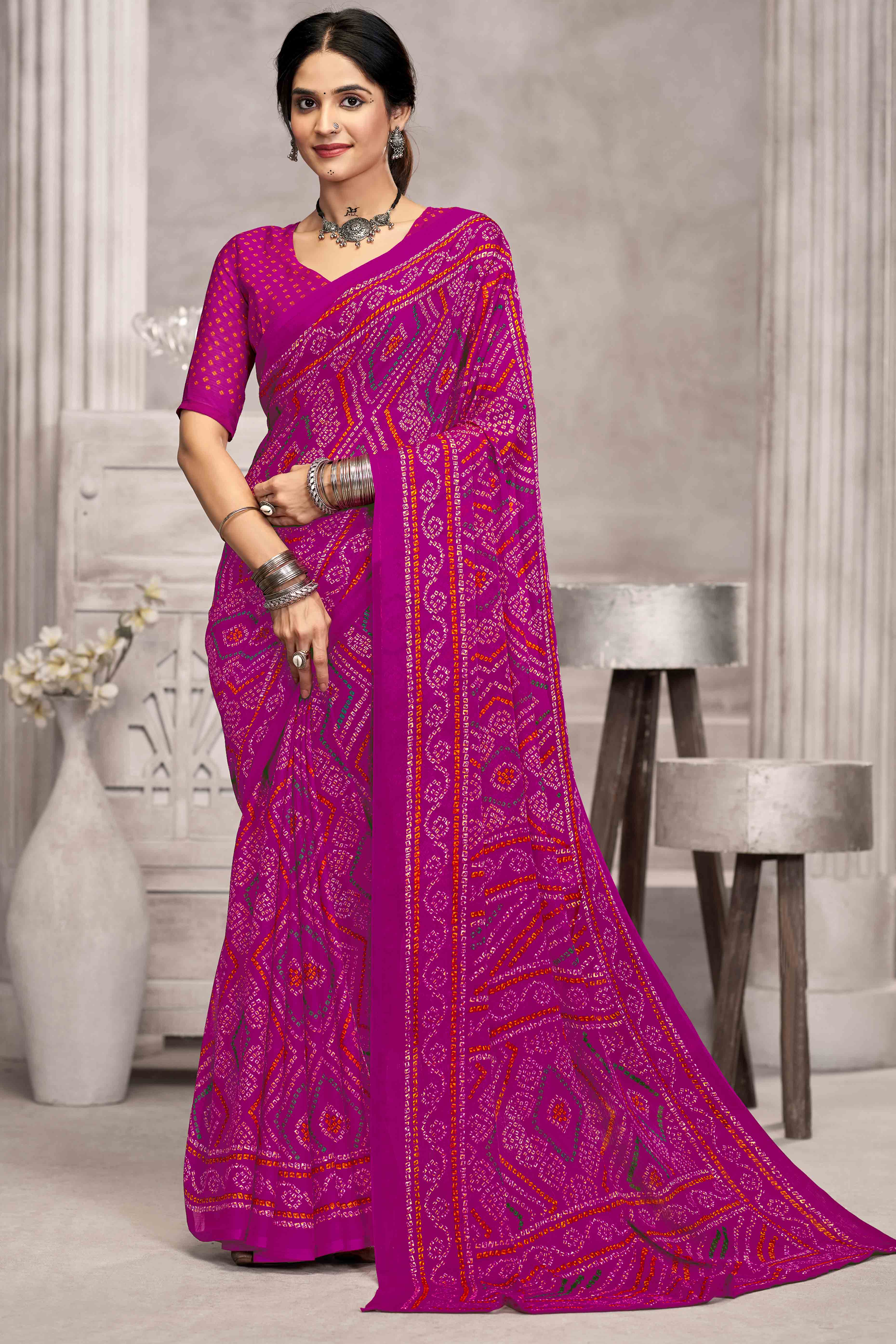 Purple Chiffon Saree Features Bandhani Print for Casual Occasion