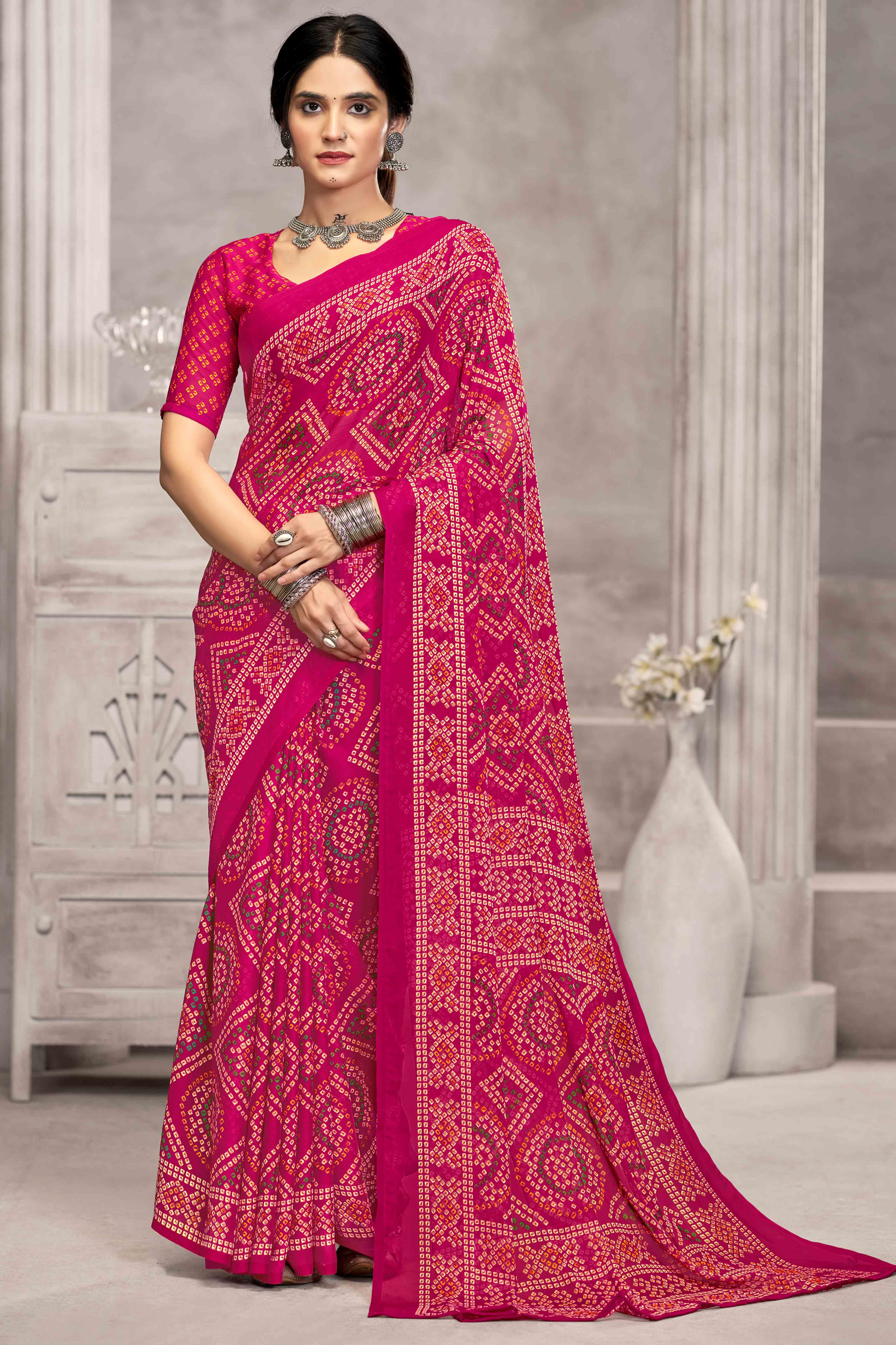 Magenta Chiffon Saree Features Bandhani Print for Casual Occasion