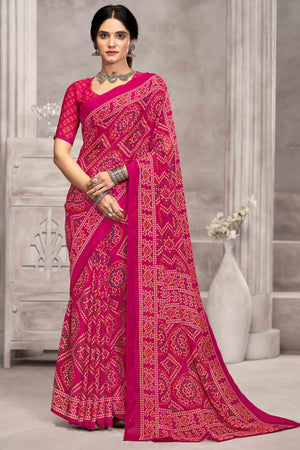 Magenta Chiffon Saree Features Bandhani Print for Casual Occasion