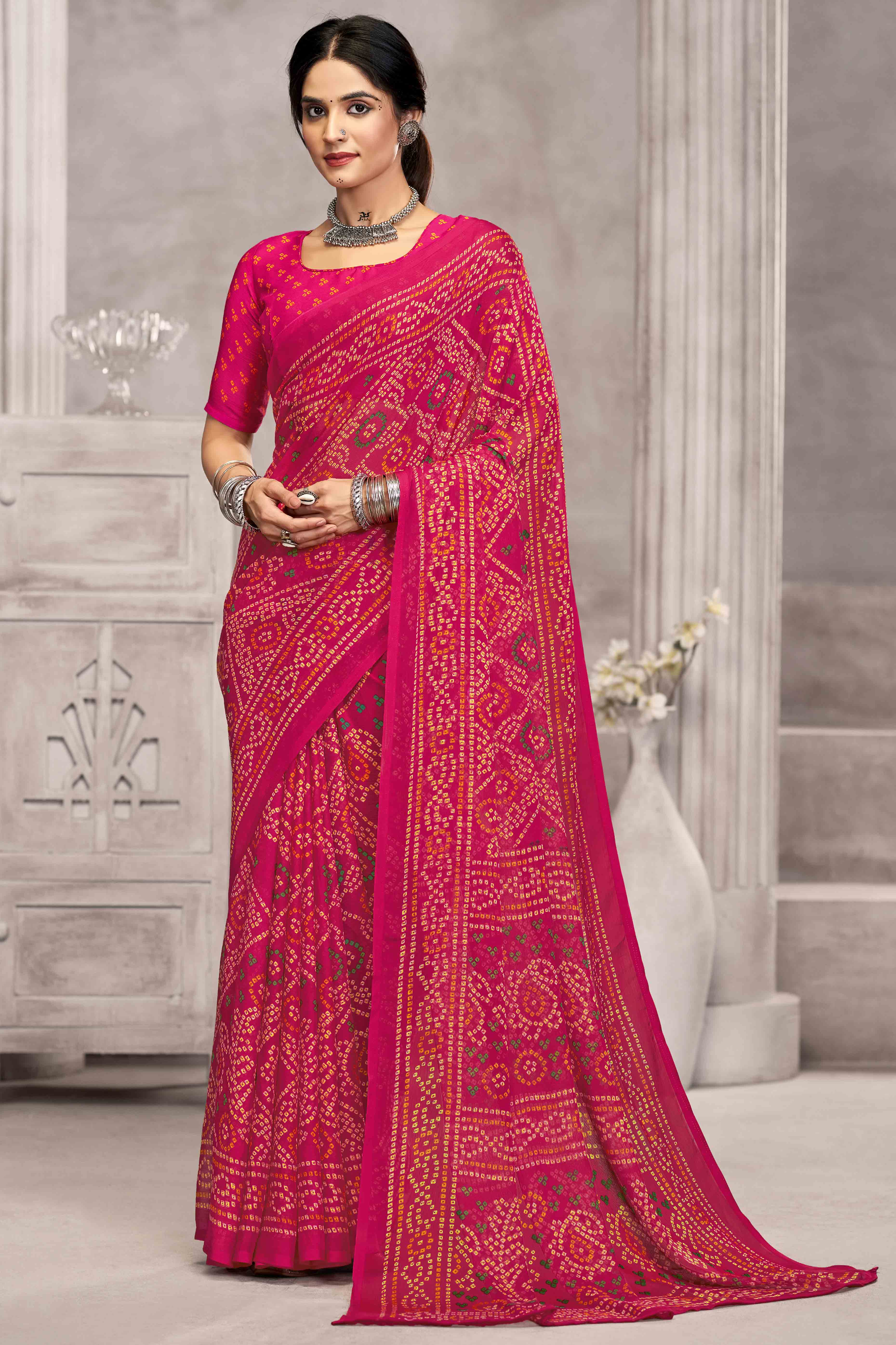 Magenta Chiffon Saree Features Bandhani Print for Casual Occasion