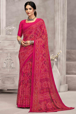Magenta Chiffon Saree Features Bandhani Print for Casual Occasion