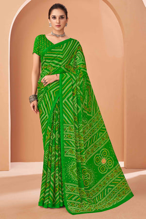 Green Bandhani Printed Chiffon Saree Accented With Intricate Lace Border Work