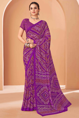 Purple Bandhani Printed Chiffon Saree Accented With Intricate Lace Border Work