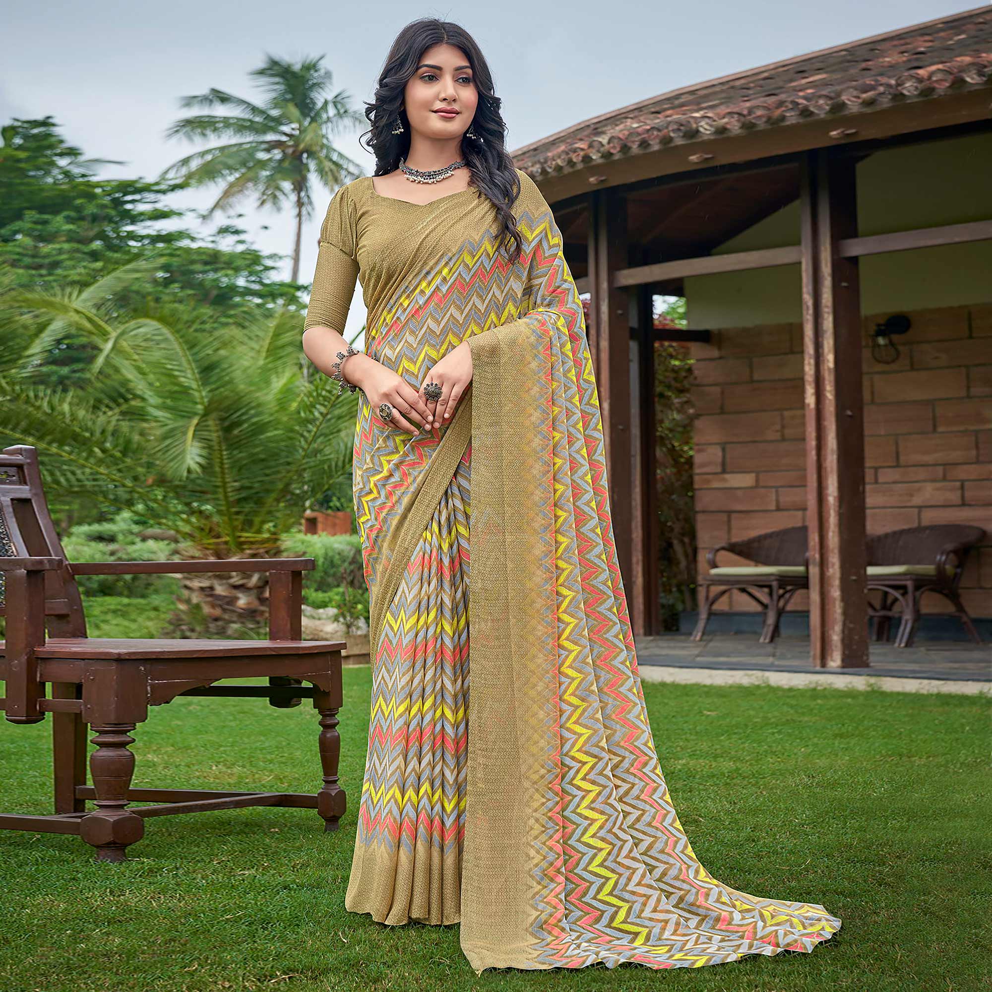 Chikoo Printed Chiffon Saree