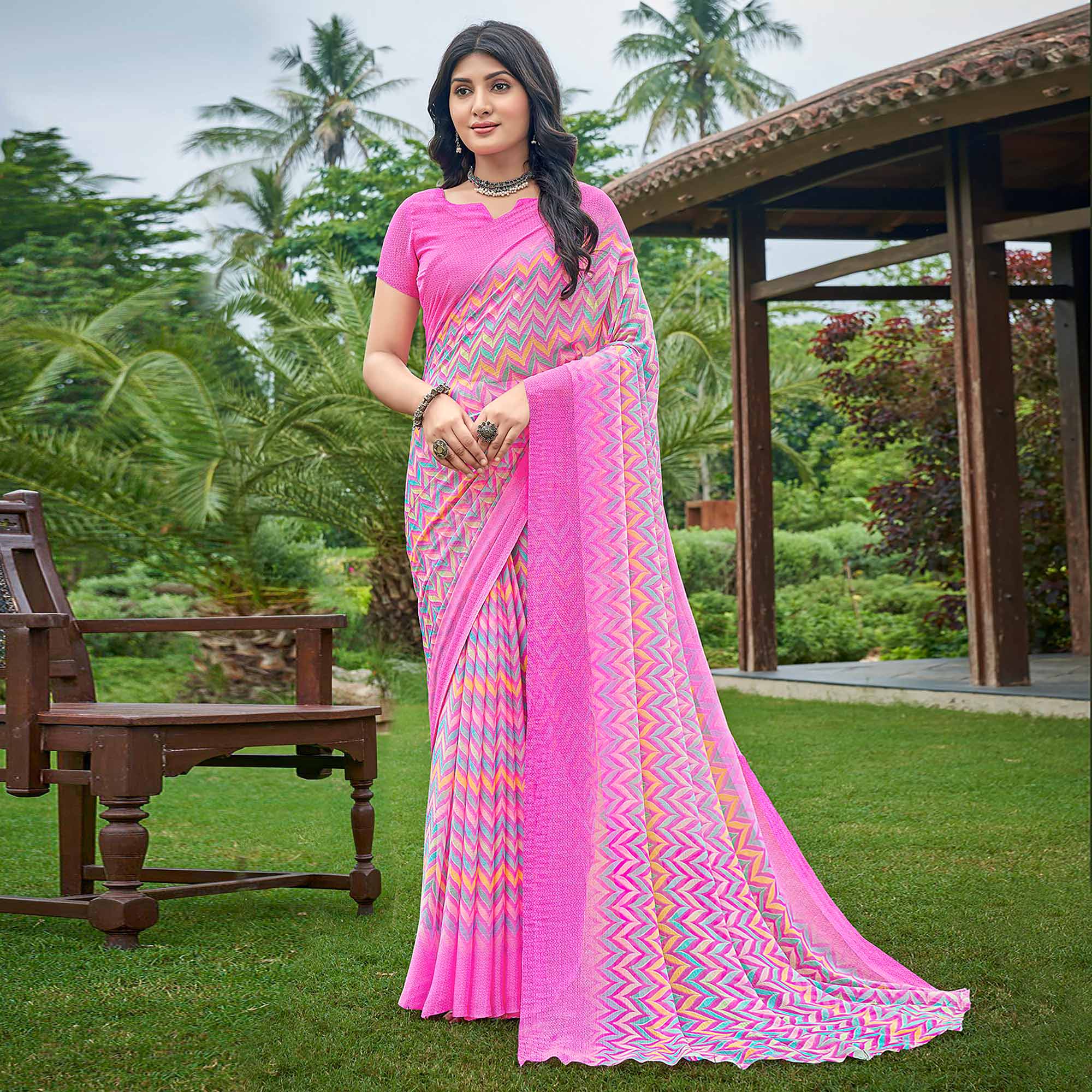 Pink Printed Chiffon Saree