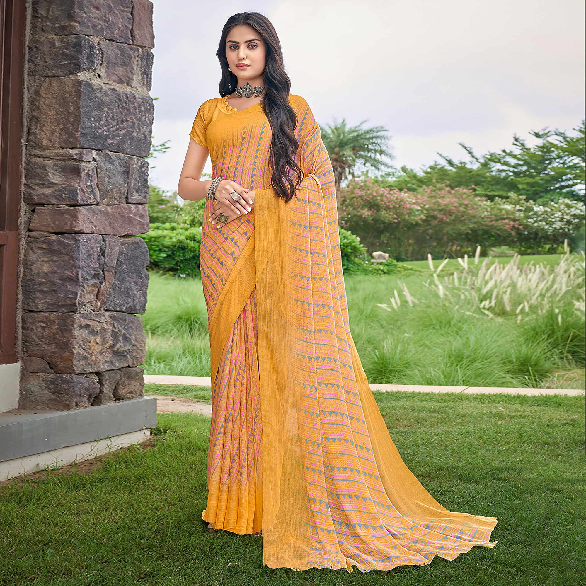 Yellow Geometric Printed Chiffon Saree