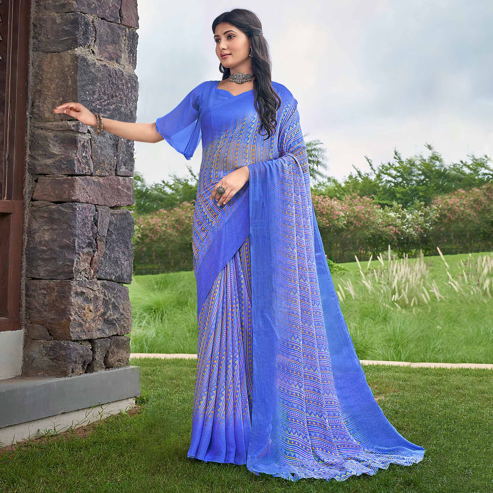 Blue Geometric Printed Chiffon Saree