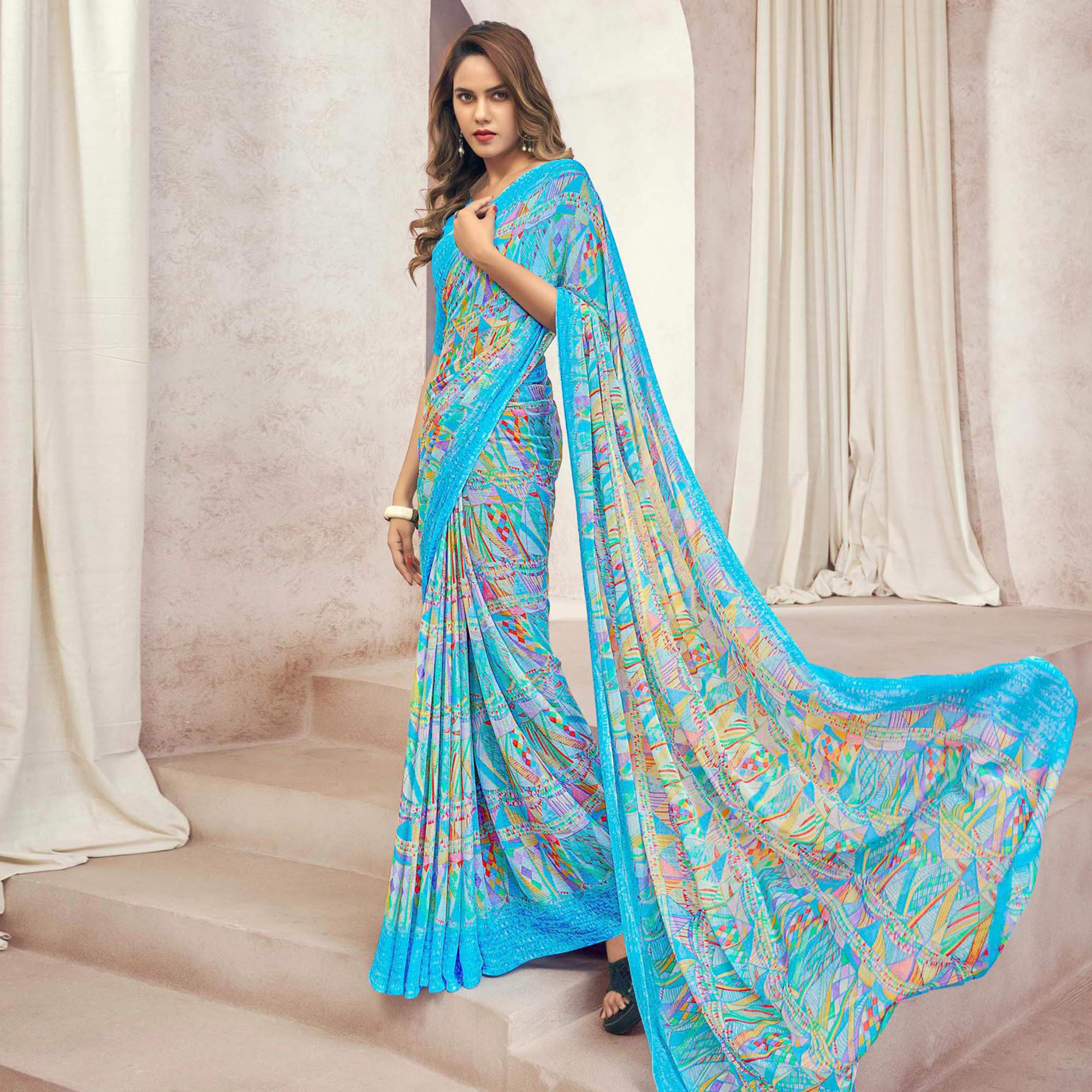 Blue Printed Chiffon Saree