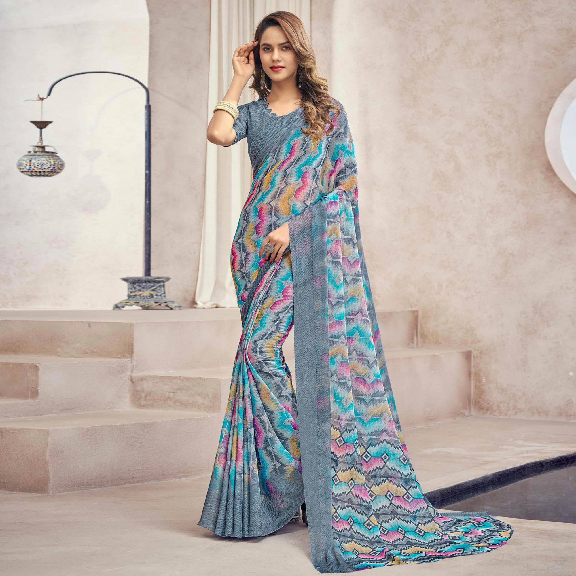 Grey Printed Chiffon Saree