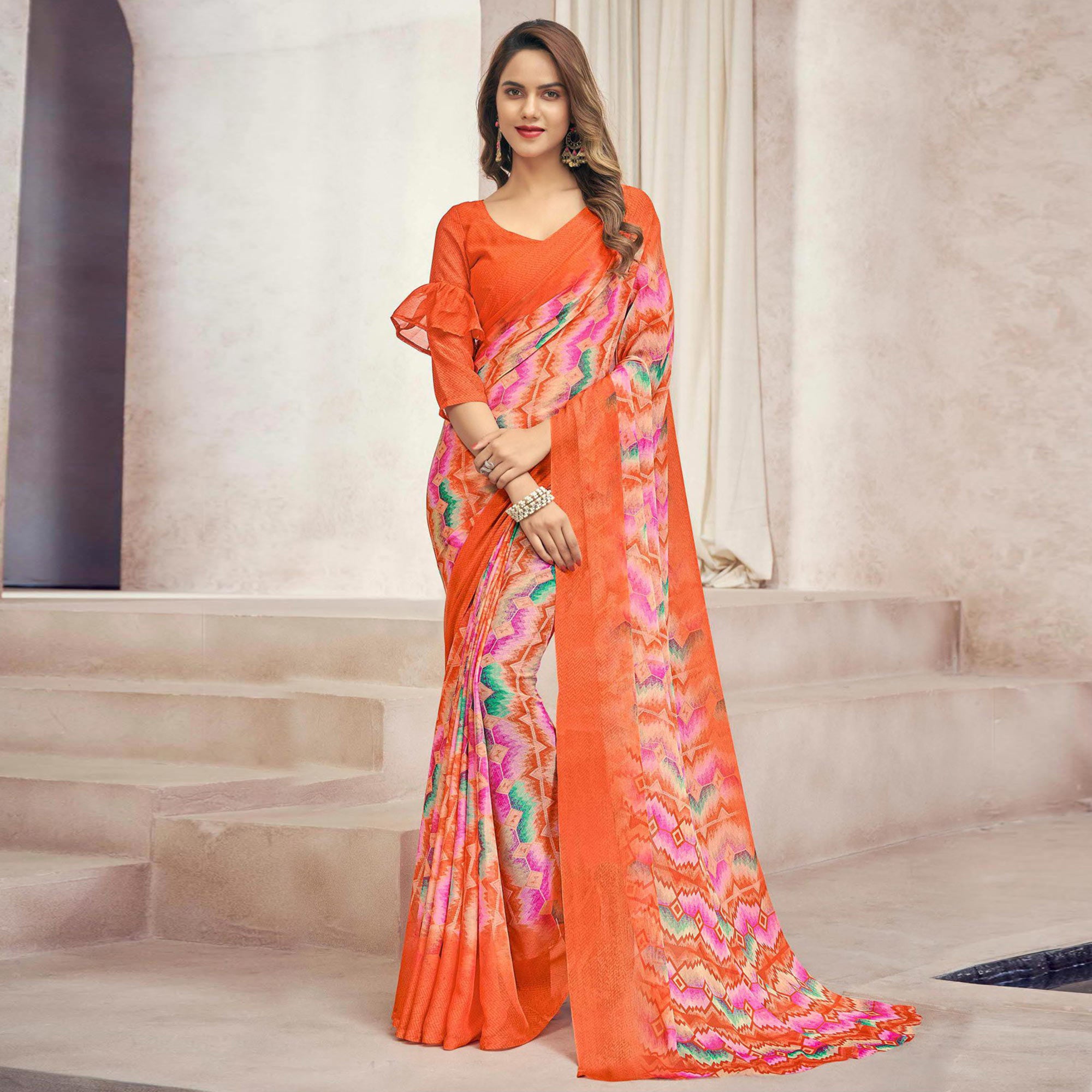 Orange Printed Chiffon Saree