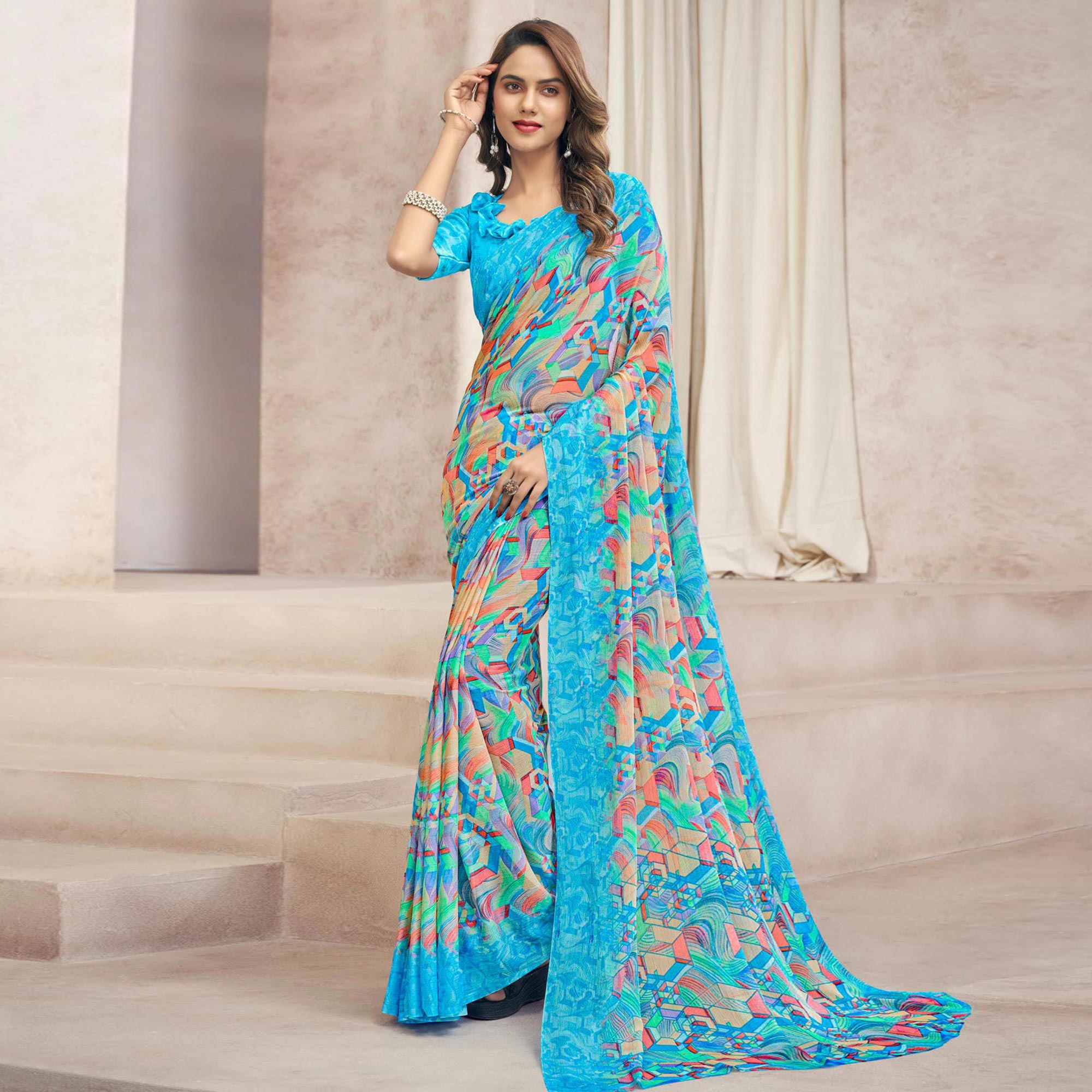 Blue Printed Chiffon Saree