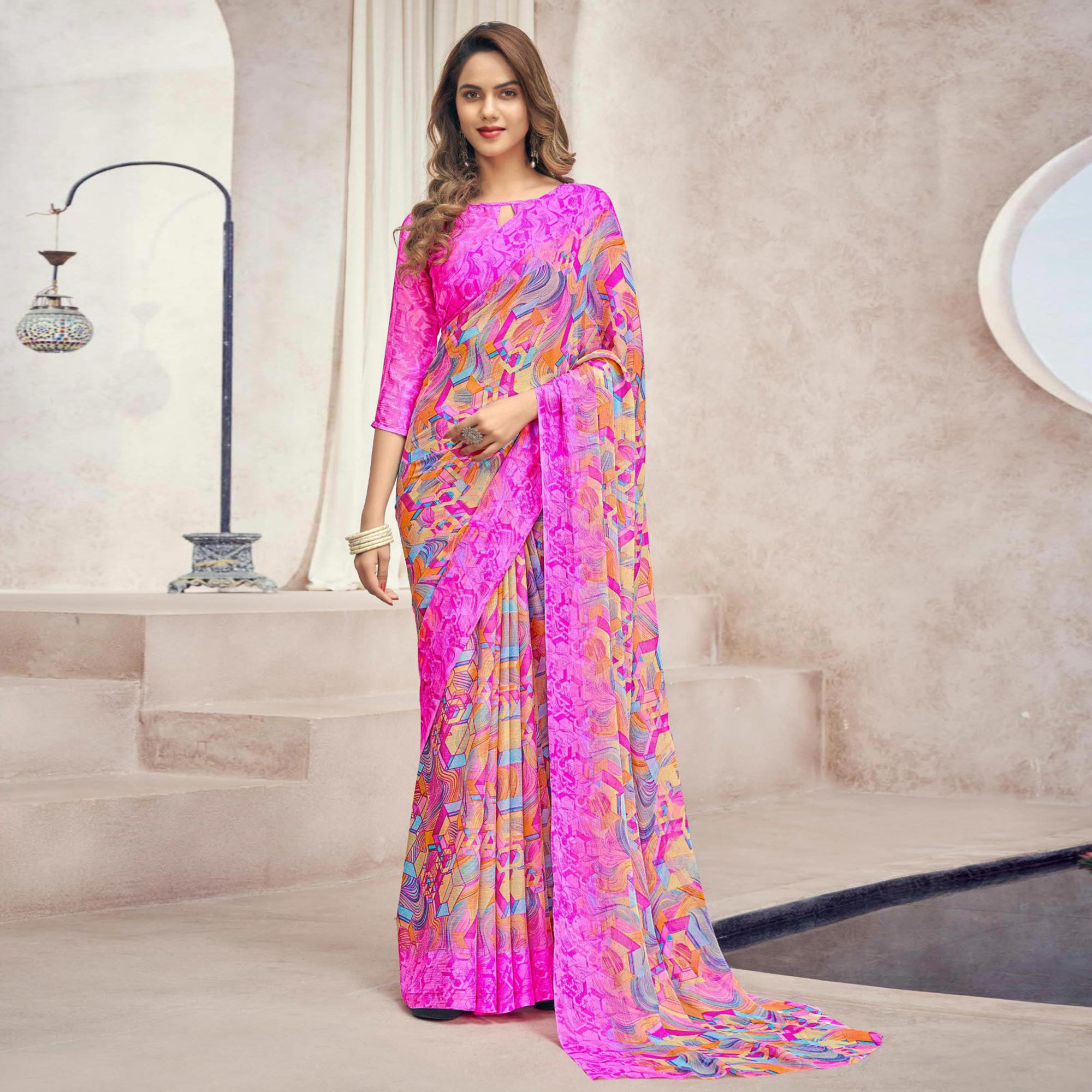 Pink Printed Chiffon Saree