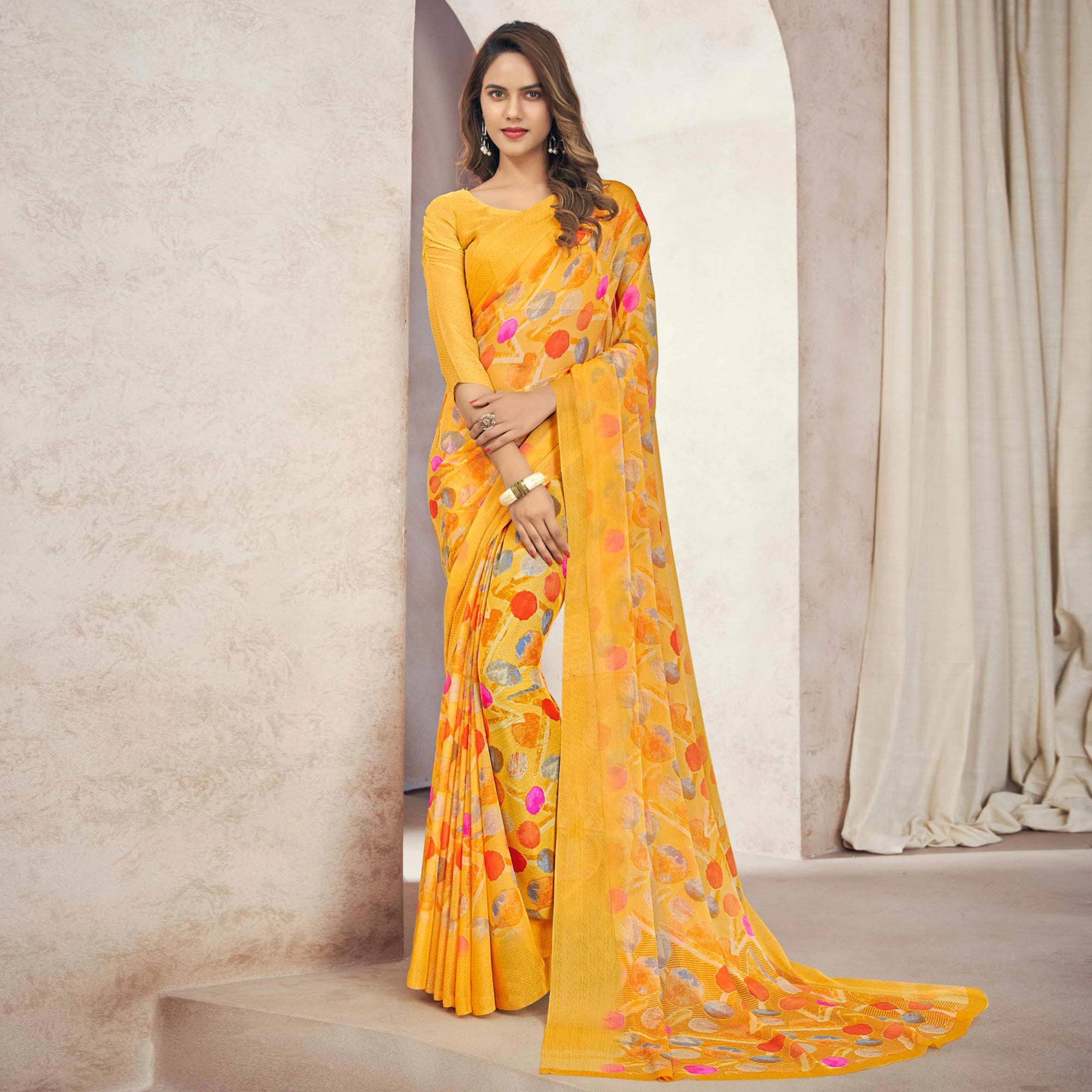 Yellow Printed Chiffon Saree