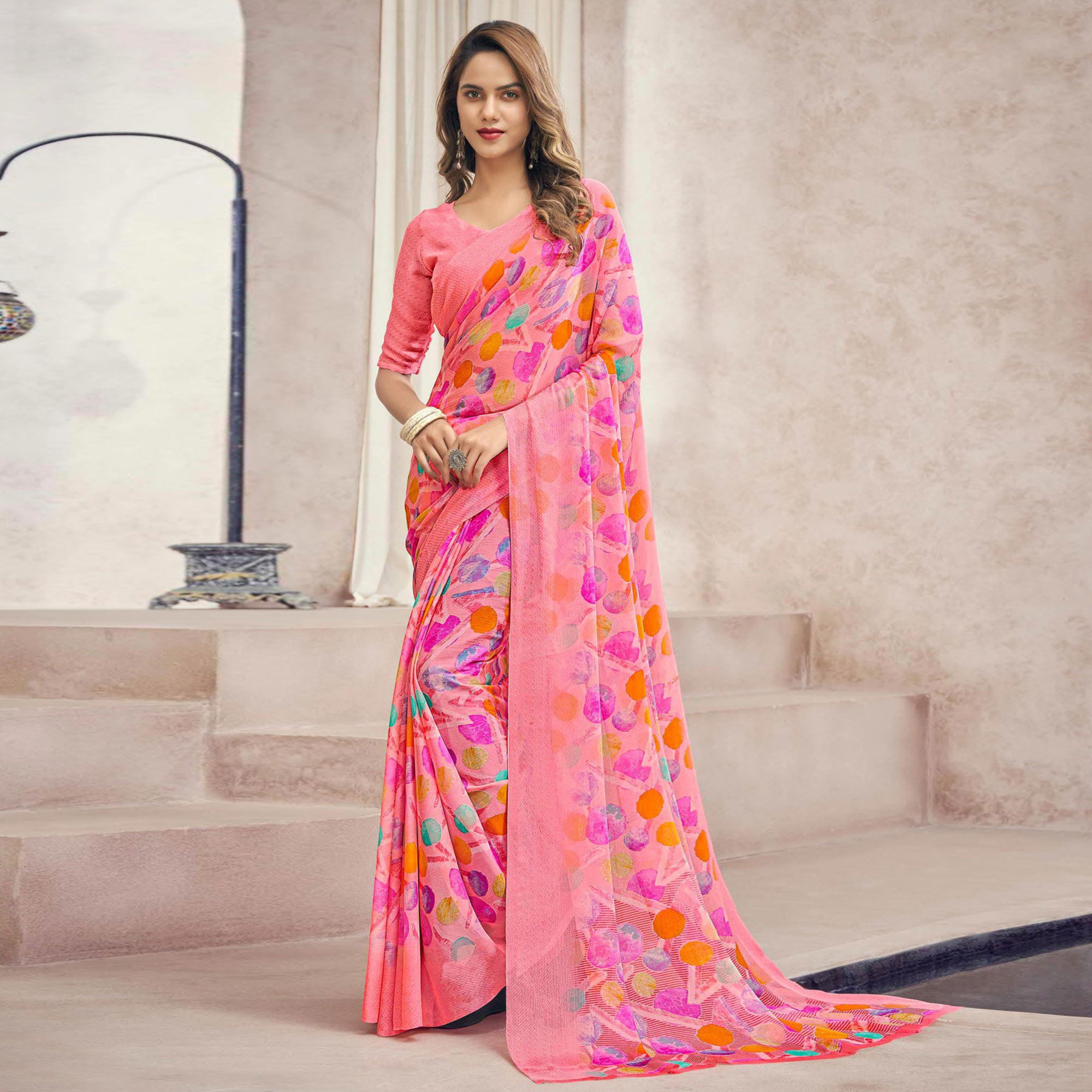 Pink Printed Chiffon Saree