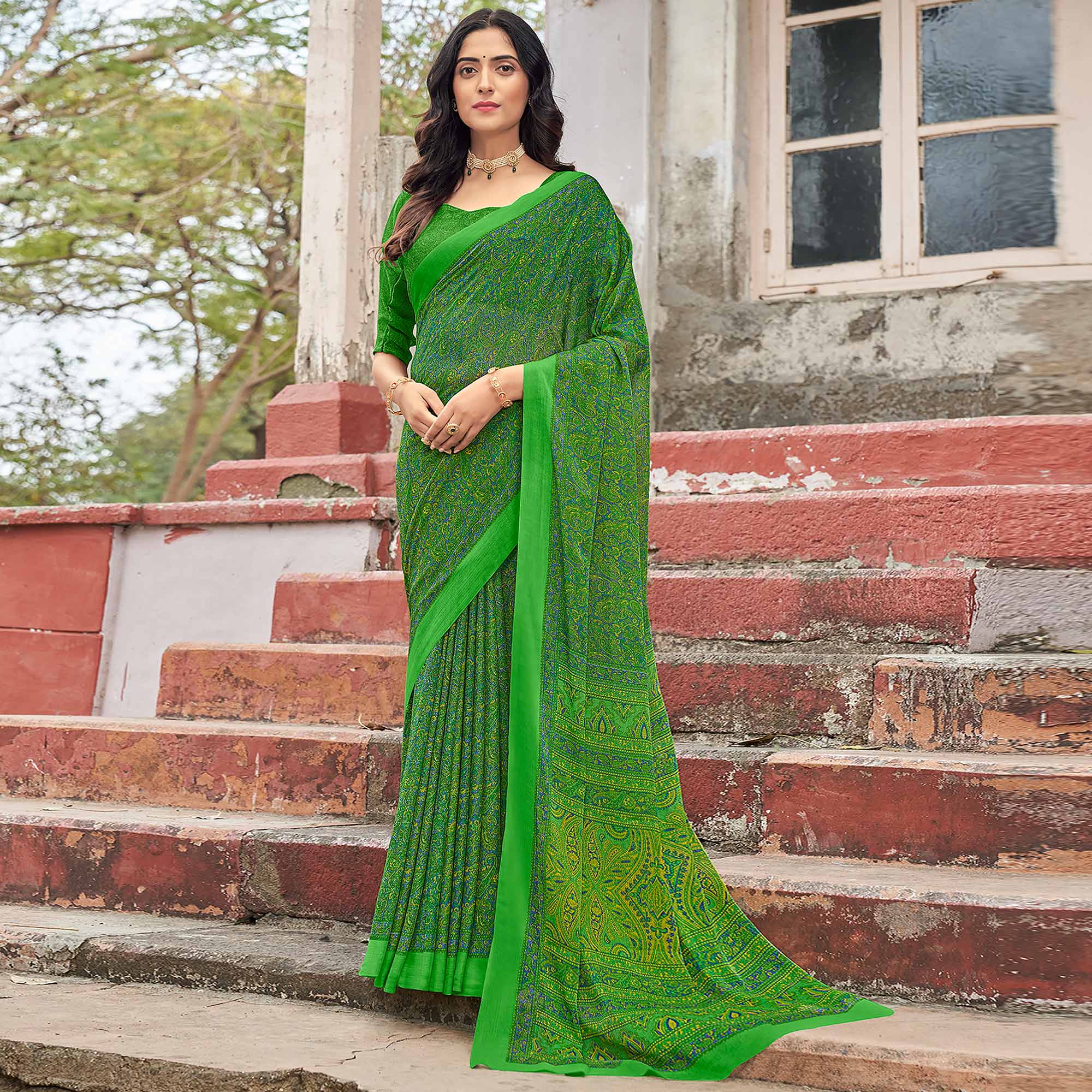 Green Floral Printed Chiffon Saree