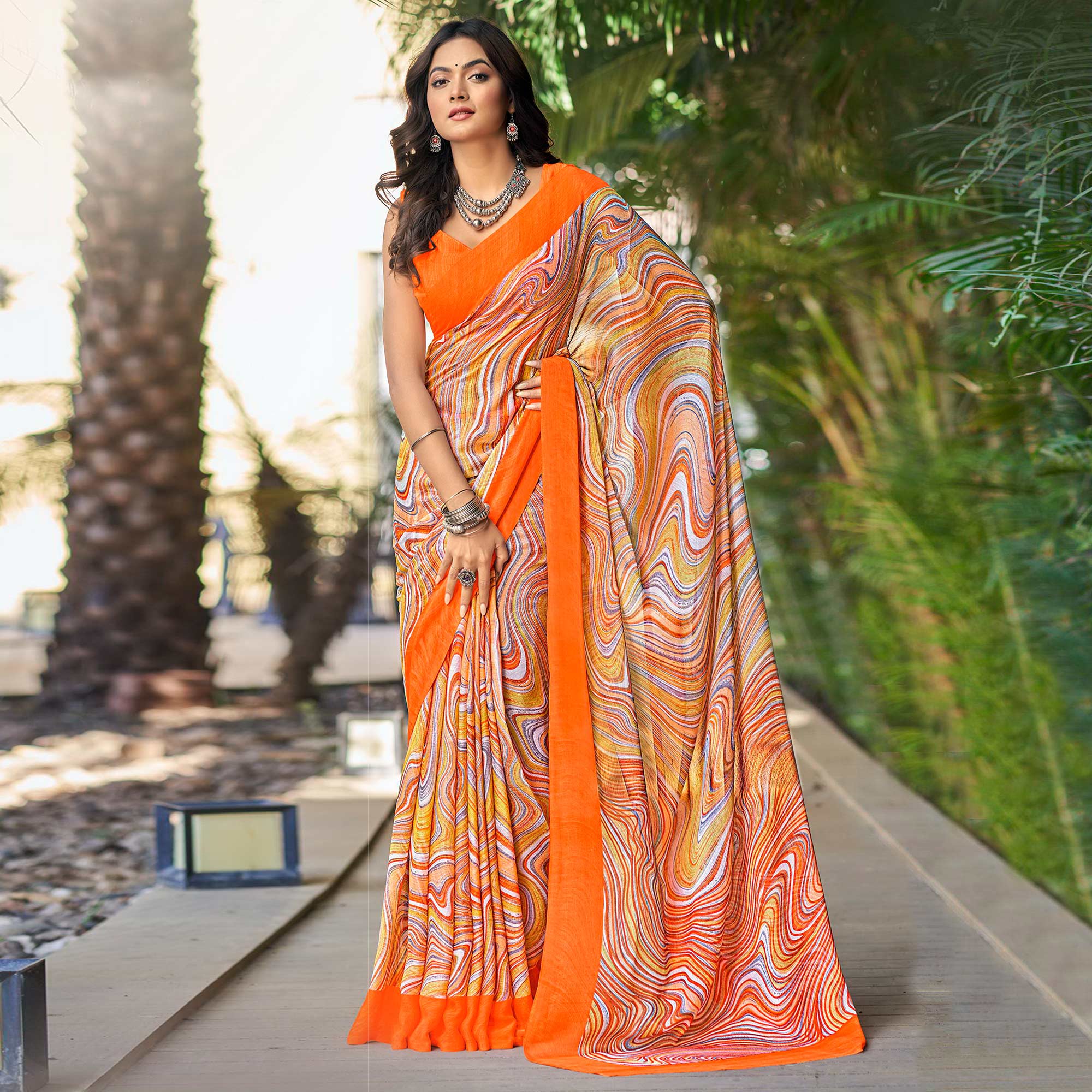 Peach Printed Chiffon Saree