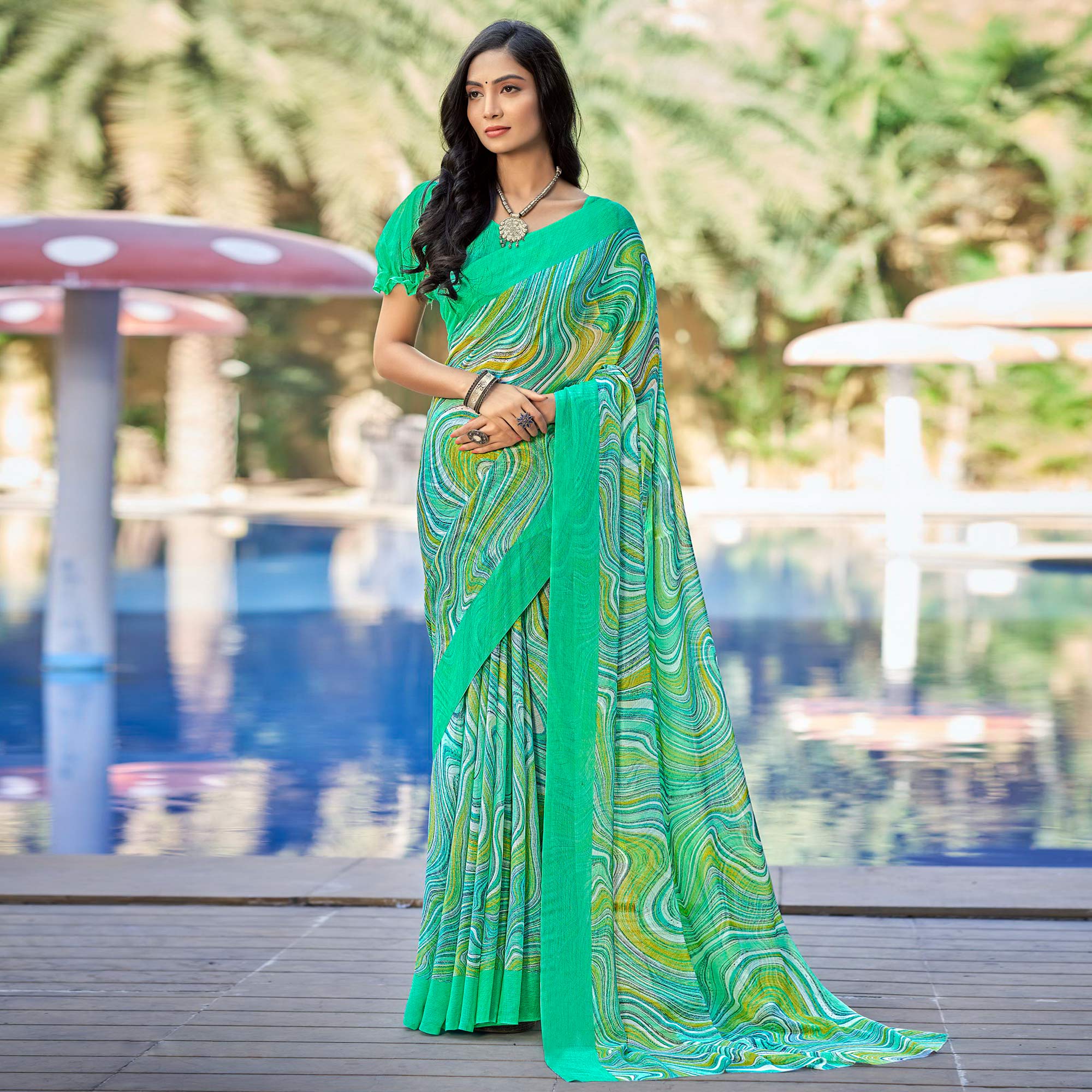 Turquoise Printed Chiffon Saree