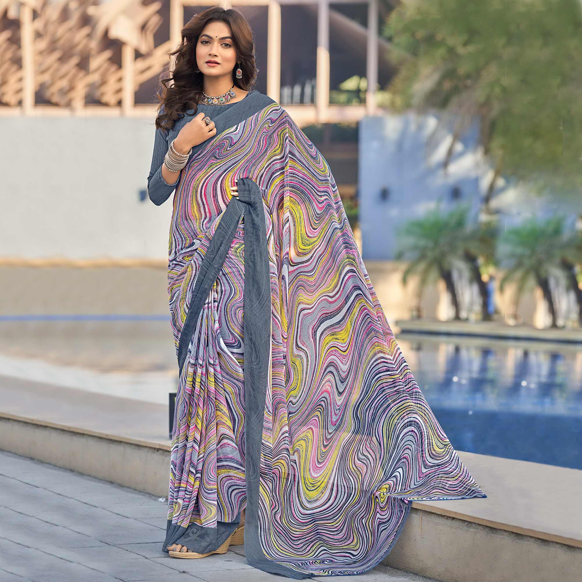 Grey Printed Chiffon Saree