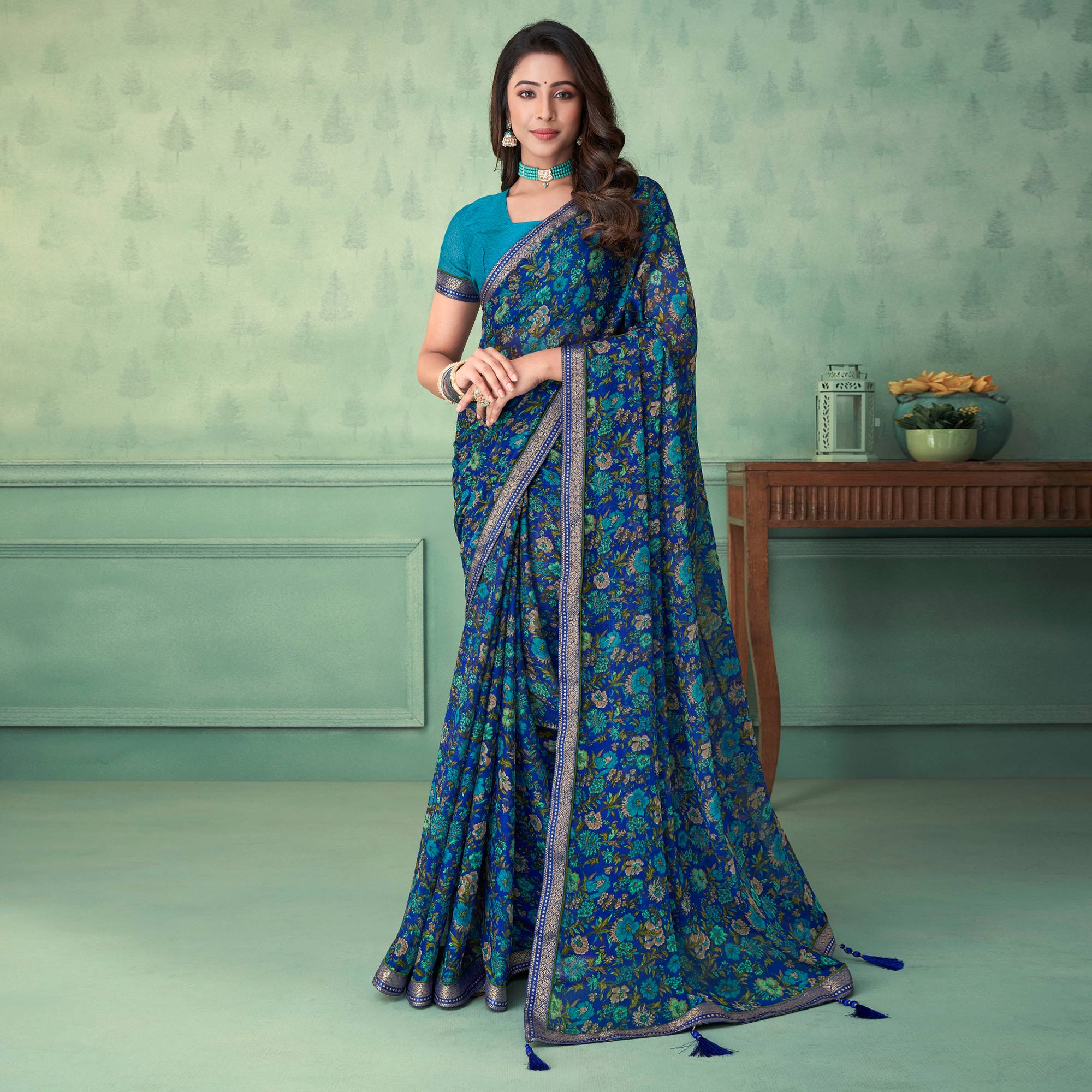 Blue Floral Printed Chiffon Saree With Lace Border