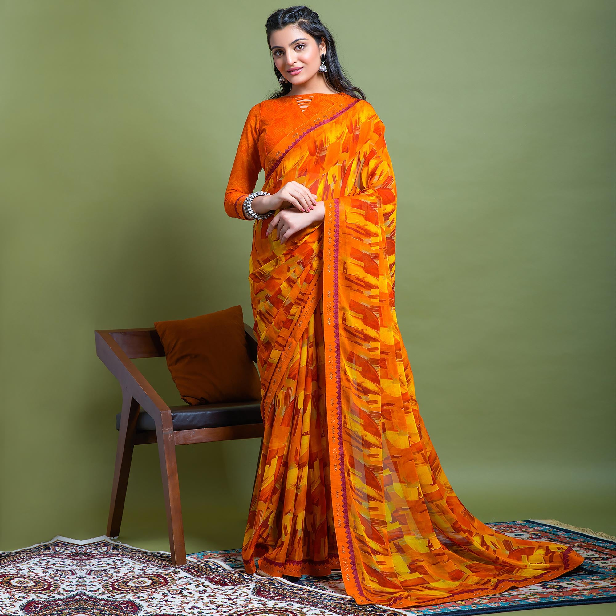 Orange Geometric Printed Chiffon Saree