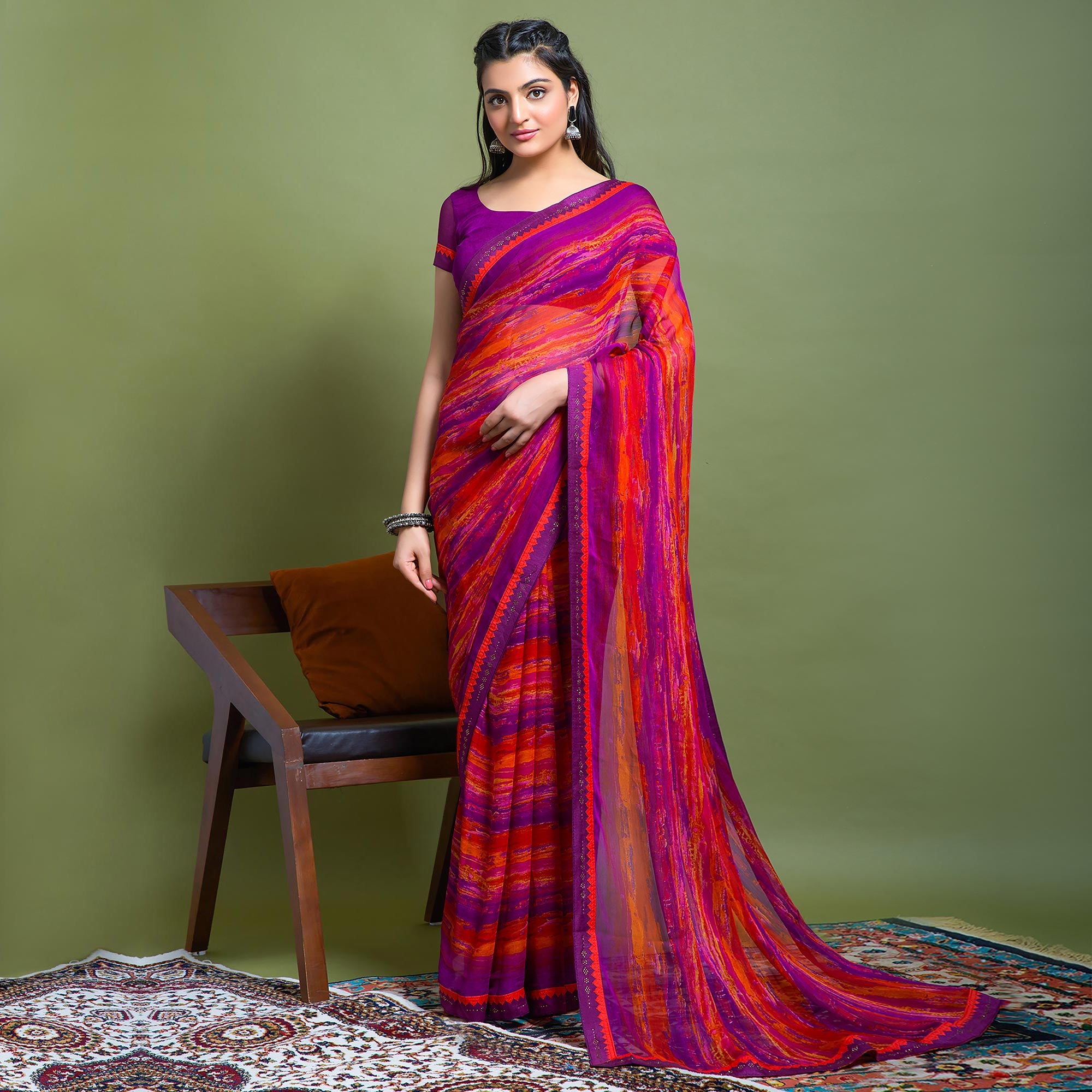 Purple Printed Chiffon Saree