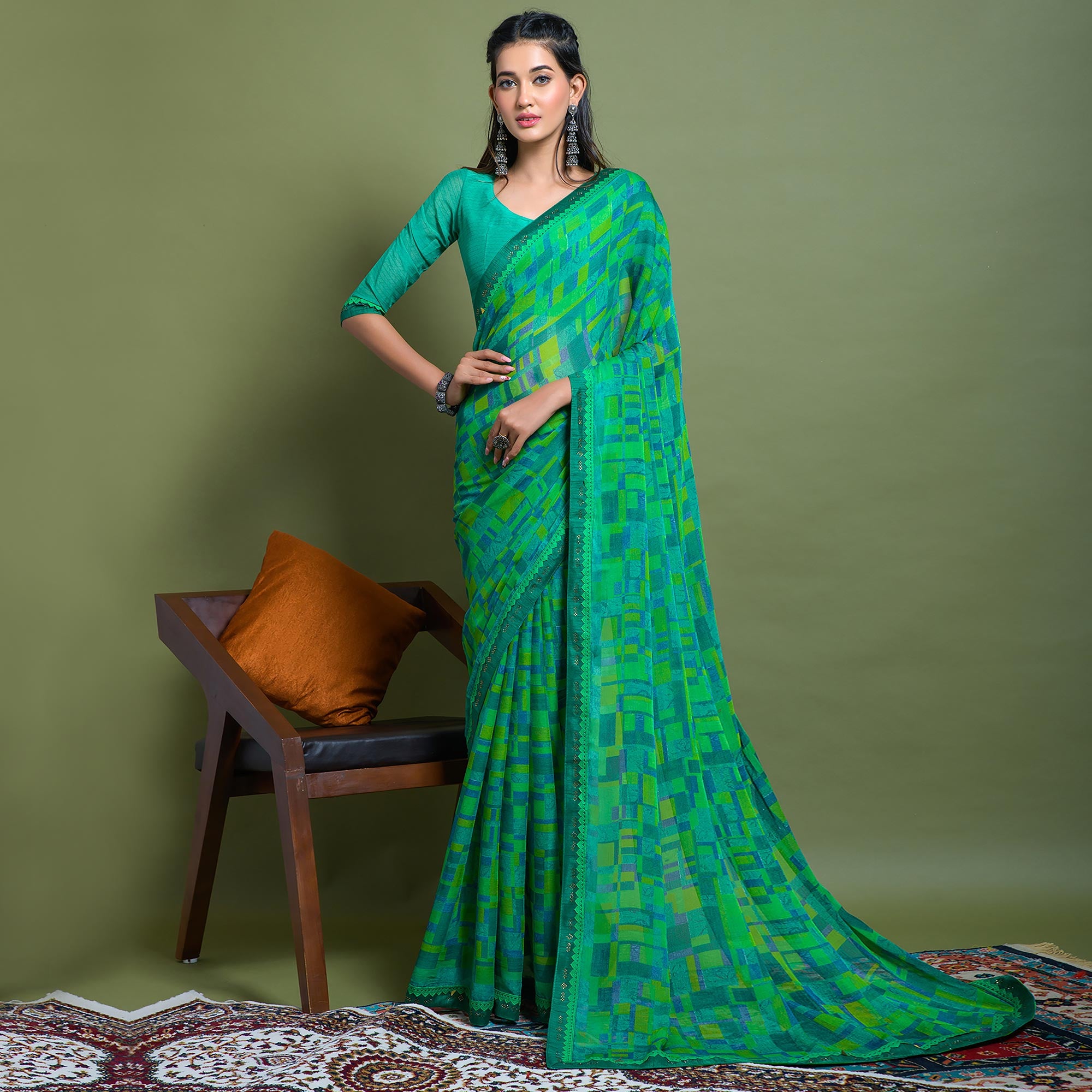 Green Geometric Printed Chiffon Saree