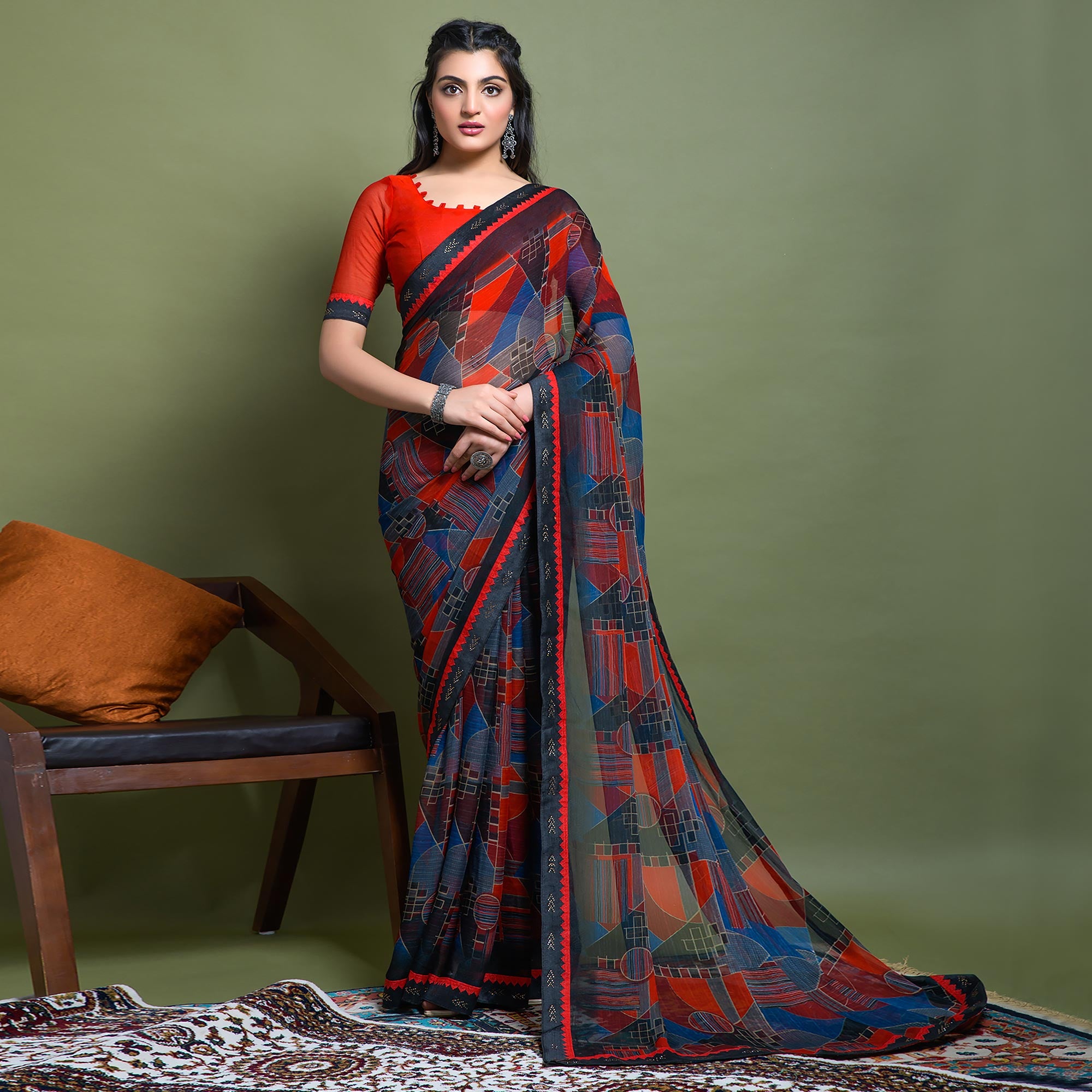 Multicolor Geometric Printed Chiffon Saree