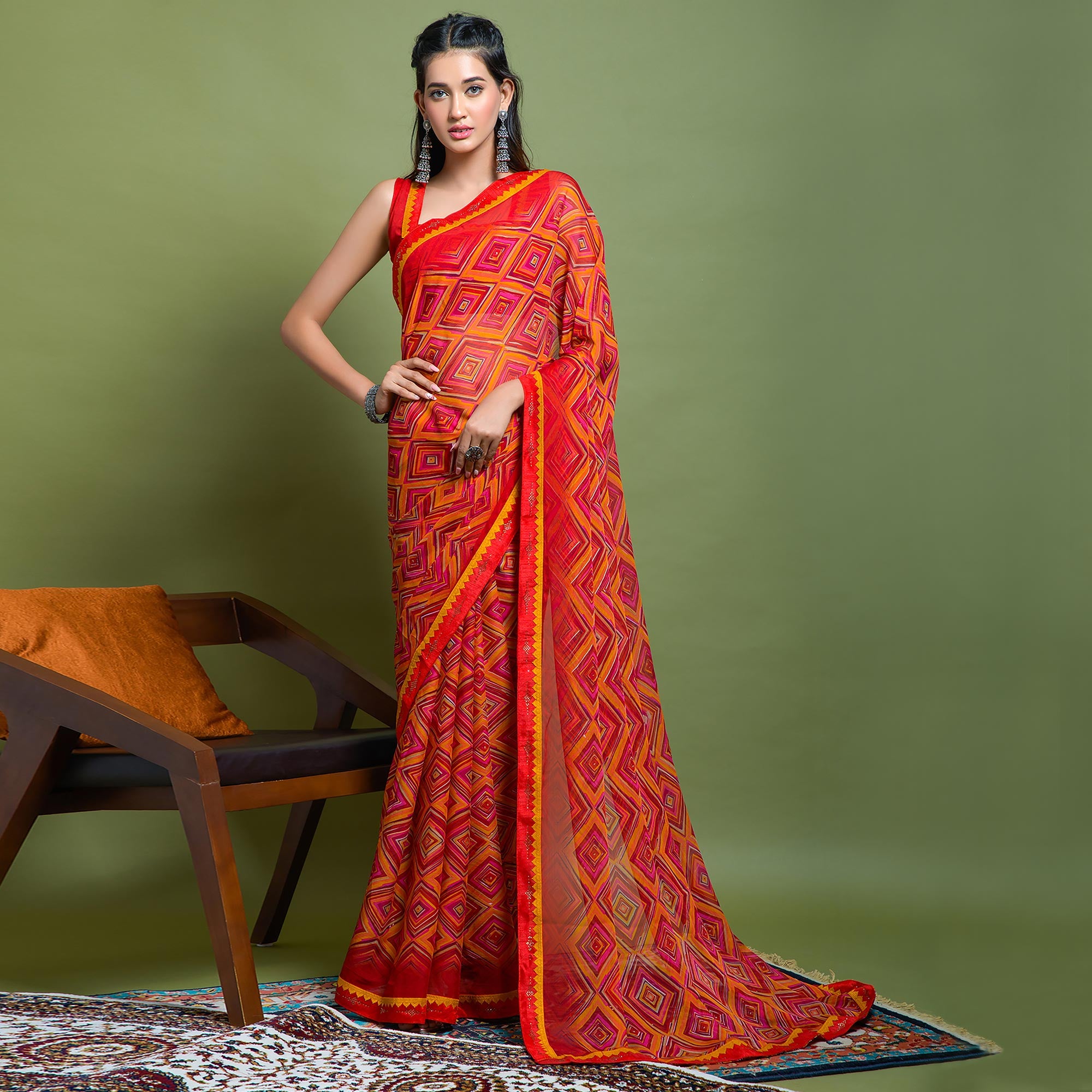 Red Geometric Printed Chiffon Saree