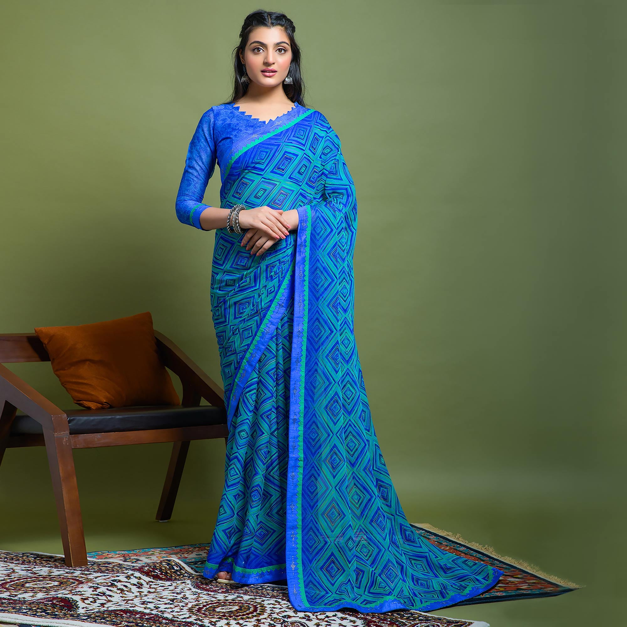 Blue Geometric Printed Chiffon Saree