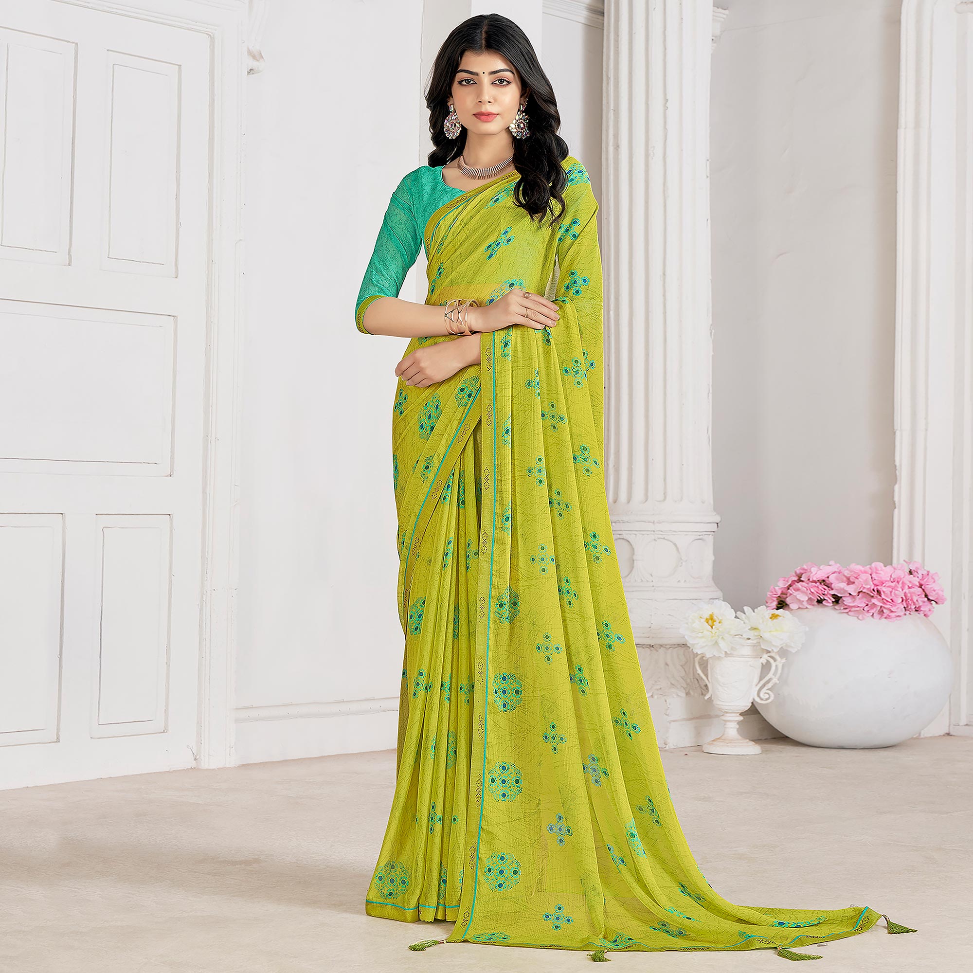 Lemon Green Printed With Swarovski Chiffon Saree