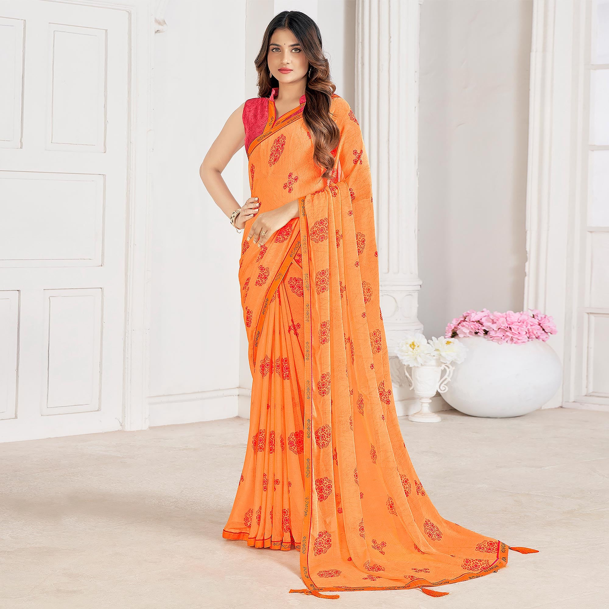 Orange Printed With Swarovski Chiffon Saree